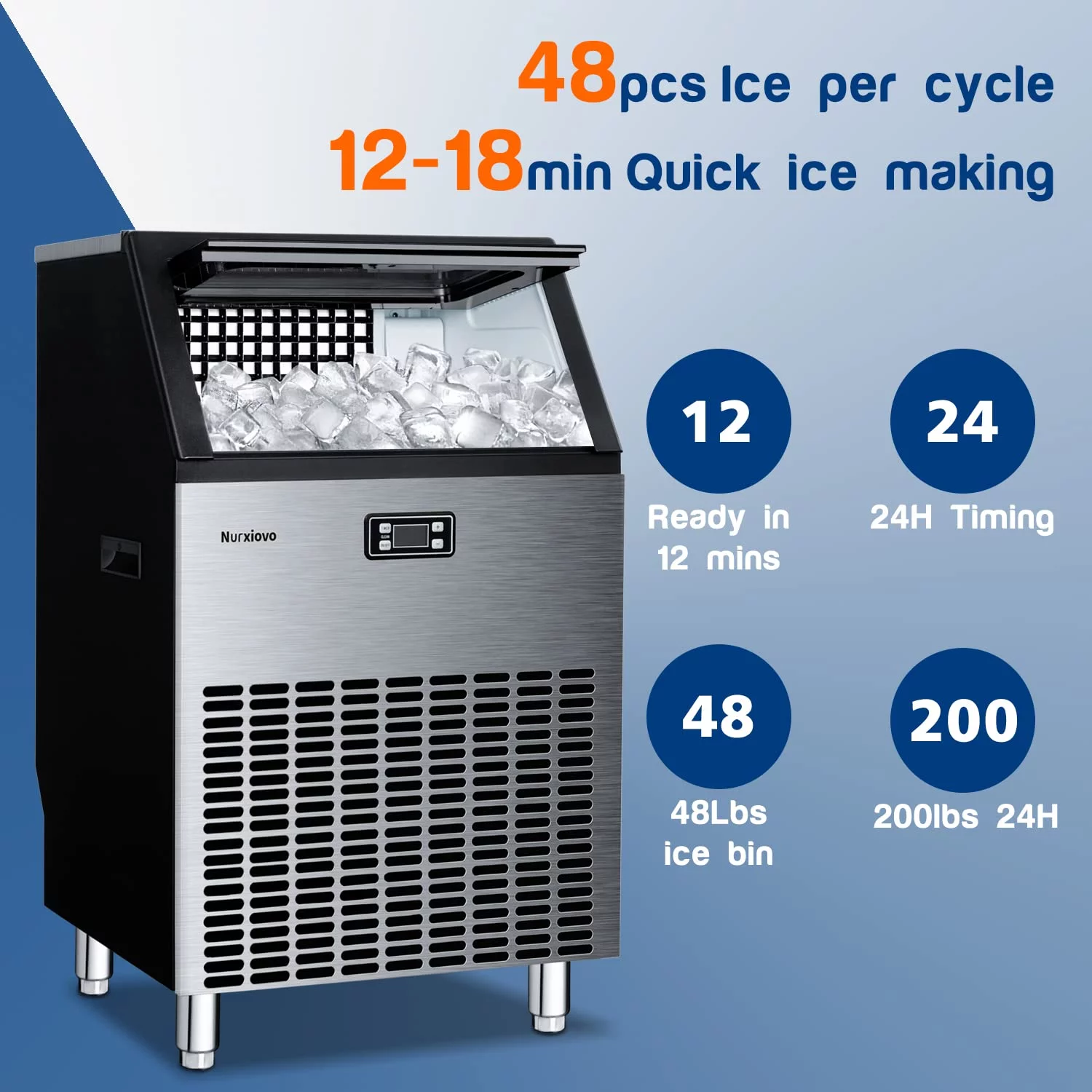 Auseo Ice Maker, Freestanding/Under Counter Nugget Ice Maker, 200lbs/Day, 48 Ice Cubes Ready in 12 Mins, Self-Cleaning for Home/Office/Cafe/Restaurant