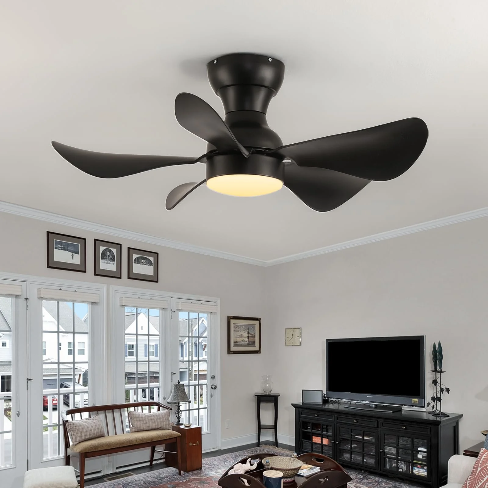 Ceiling Fan with Light and Remote, 30 Inch Indoor Outdoor Ceiling Fans with 5 Blades, 6-Speeds, 3 Colors for Farmhouse, Living Room, Dining Room (Black)