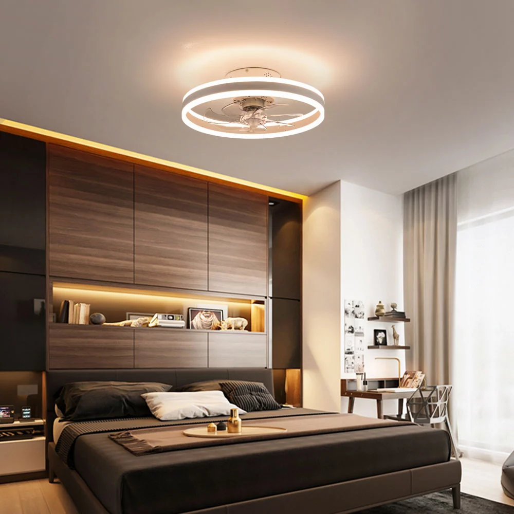 ANQIDI 20' Modern Invisible Blades Ceiling Fan Light Tri-color Round Indoor Flush Mount LED Lighting Fan White with Remote