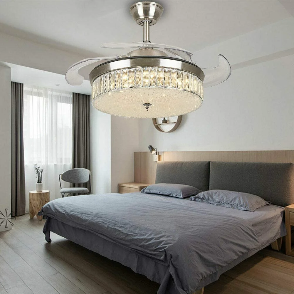 Crystal Ceiling Fan Light 42 inch Chandelier with Retractable Fan Blades Dimming Hanging Lamp