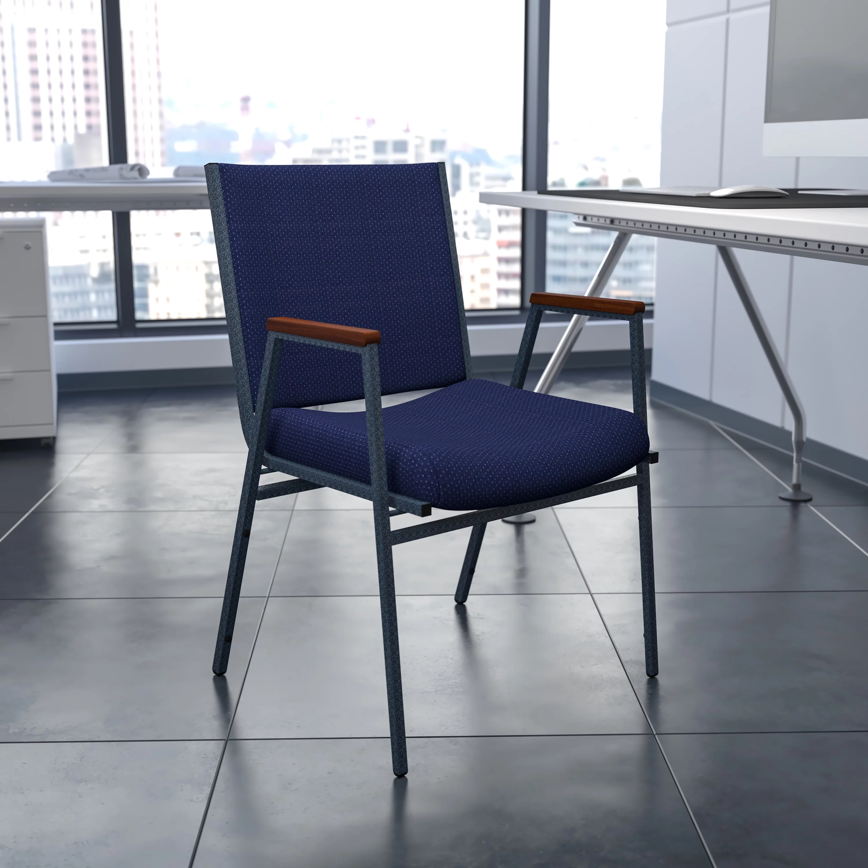 Flash Furniture HERCULES Series Heavy Duty Navy Blue Dot Fabric Stack Chair with Arms
