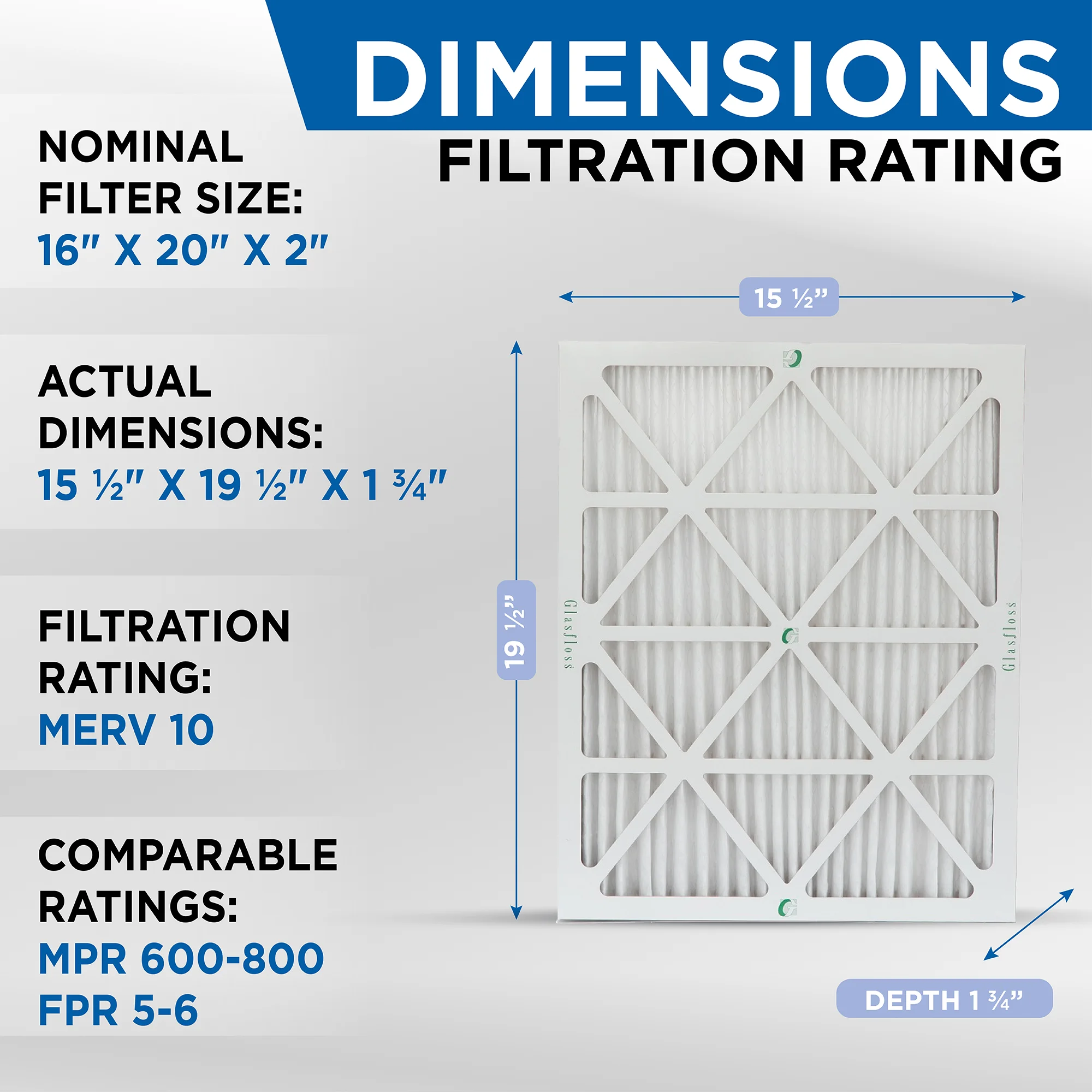 12 Pack of 16x20x2 MERV 10 Pleated 2' Inch Air Filters by Glasfloss. Actual Size: 15-1/2 x 19-1/2 x 1-3/4