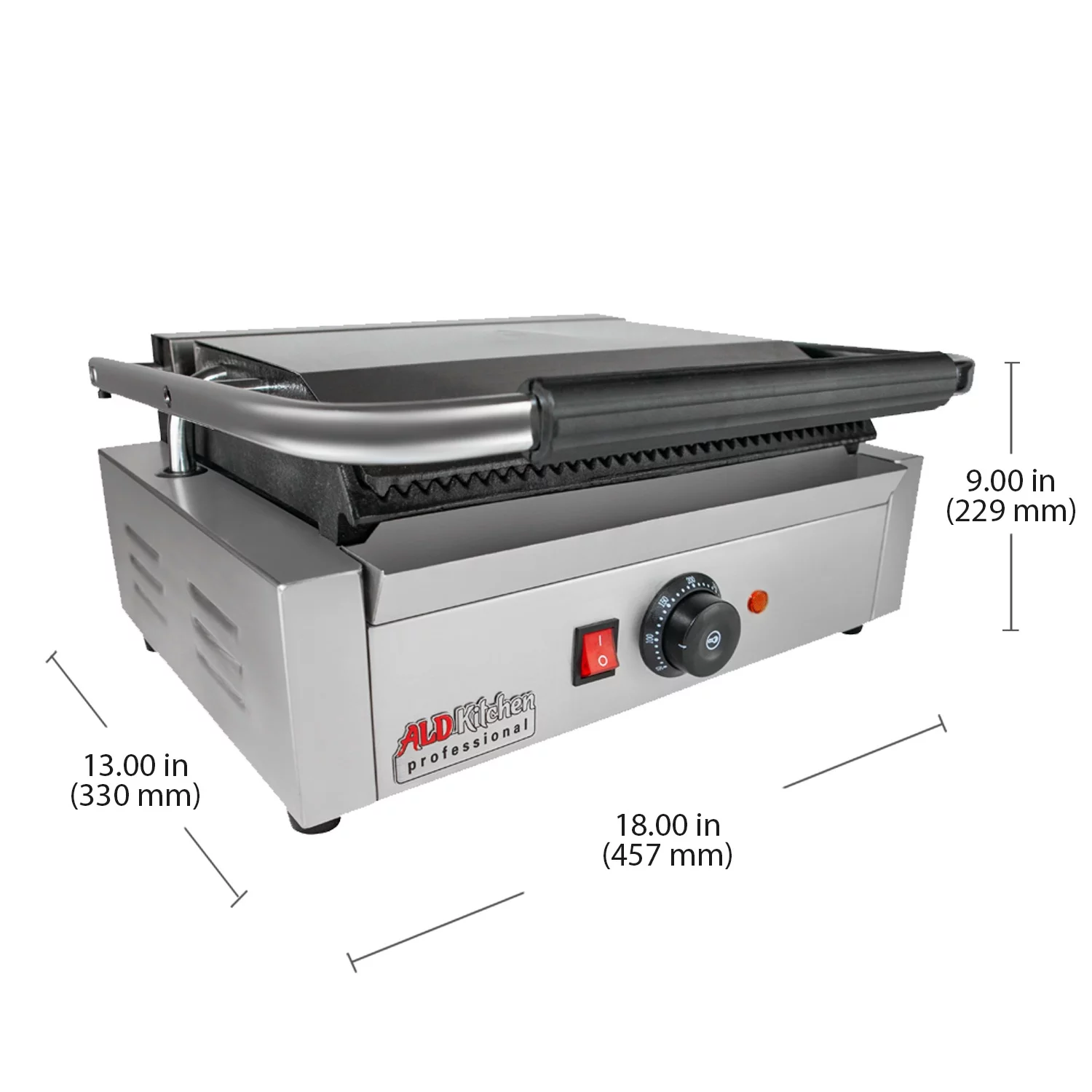 ALDKitchen Panini Sandwich Press Grill | High-quality Durable Stainless Steel Construction with Adjustable Temperature Control Single head 9'x14' (ribbed)