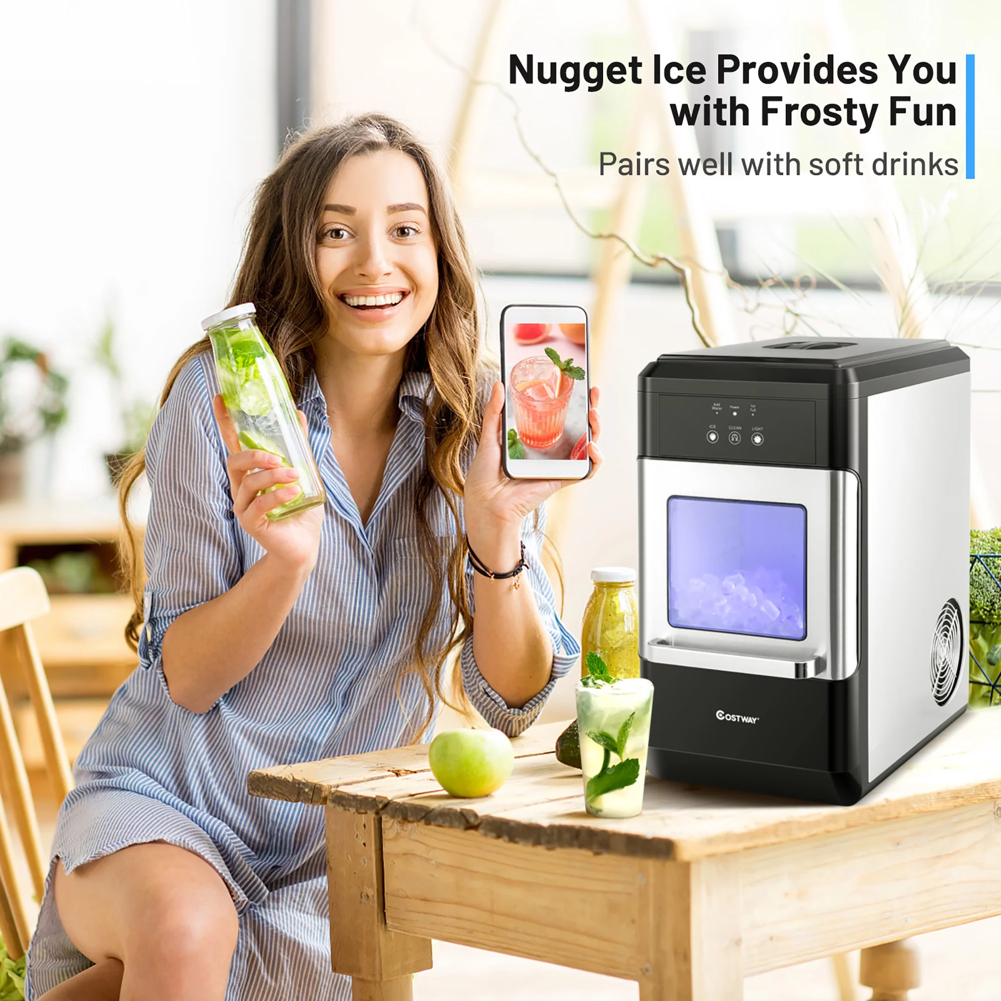 Costway Nugget Ice Maker Countertop 44lbs Per Day w/Ice Scoop and Self-Cleaning