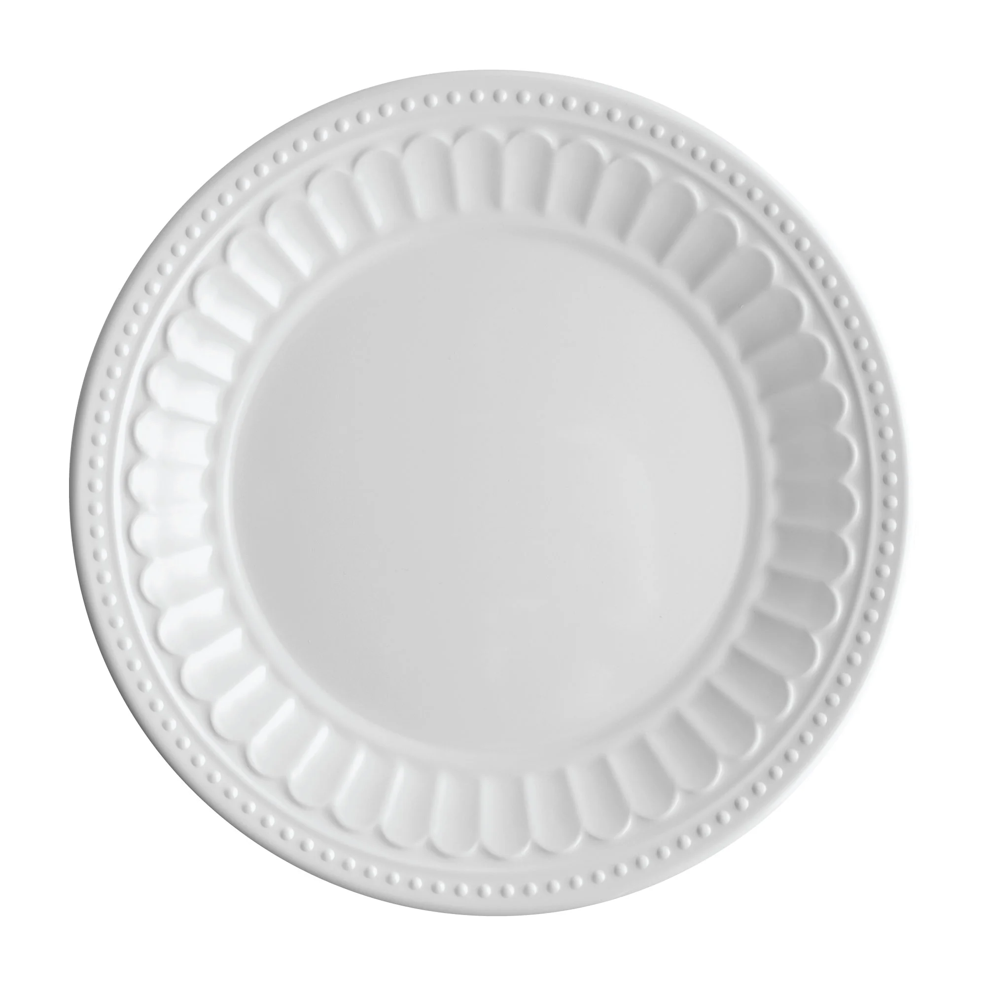 Gourmet Art 16-Piece Beaded Chateau Melamine Dinnerware Set, White, Service for 4. Includes Dinner Plates, Salad Plates, Dessert Plates and Bowls.