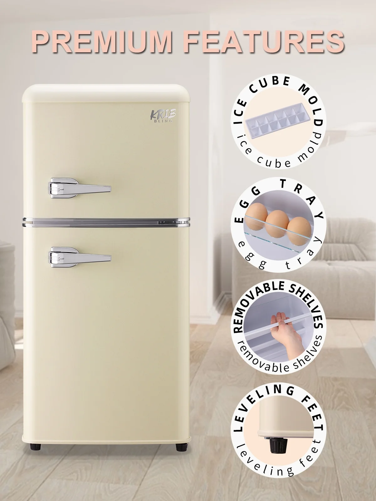 Krib B Compact Refrigerator 3.5 Cu.ft, Mini Fridge with Freezer, Retro Fridge with Dual Door, 7 Grade Temperature Adjustment, Cream