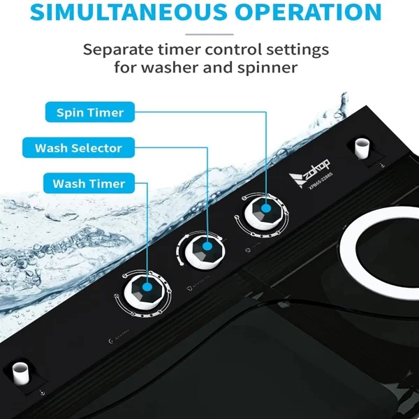 Fithood Twin Tub with Built-in Drain Pump XPB65-2288S 26Lbs Semi-automatic Twin Tube Washing Machine for Apartment, Dorms, RVs, Camping and More, White&Black US Standard