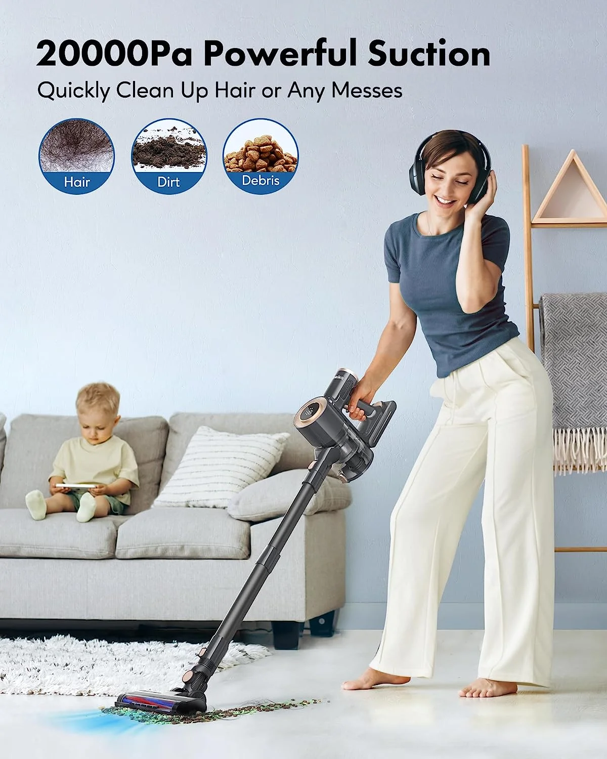 Homeika Cordless Vacuum Cleaner, 20KPa 8-in-1 Powerful Suction Vacuum with LED Display, Lightweight Stick Vacuum Cleaner with Detachable Battery 30 Min Runtime for Home/Carpet/Pet Hair, Black