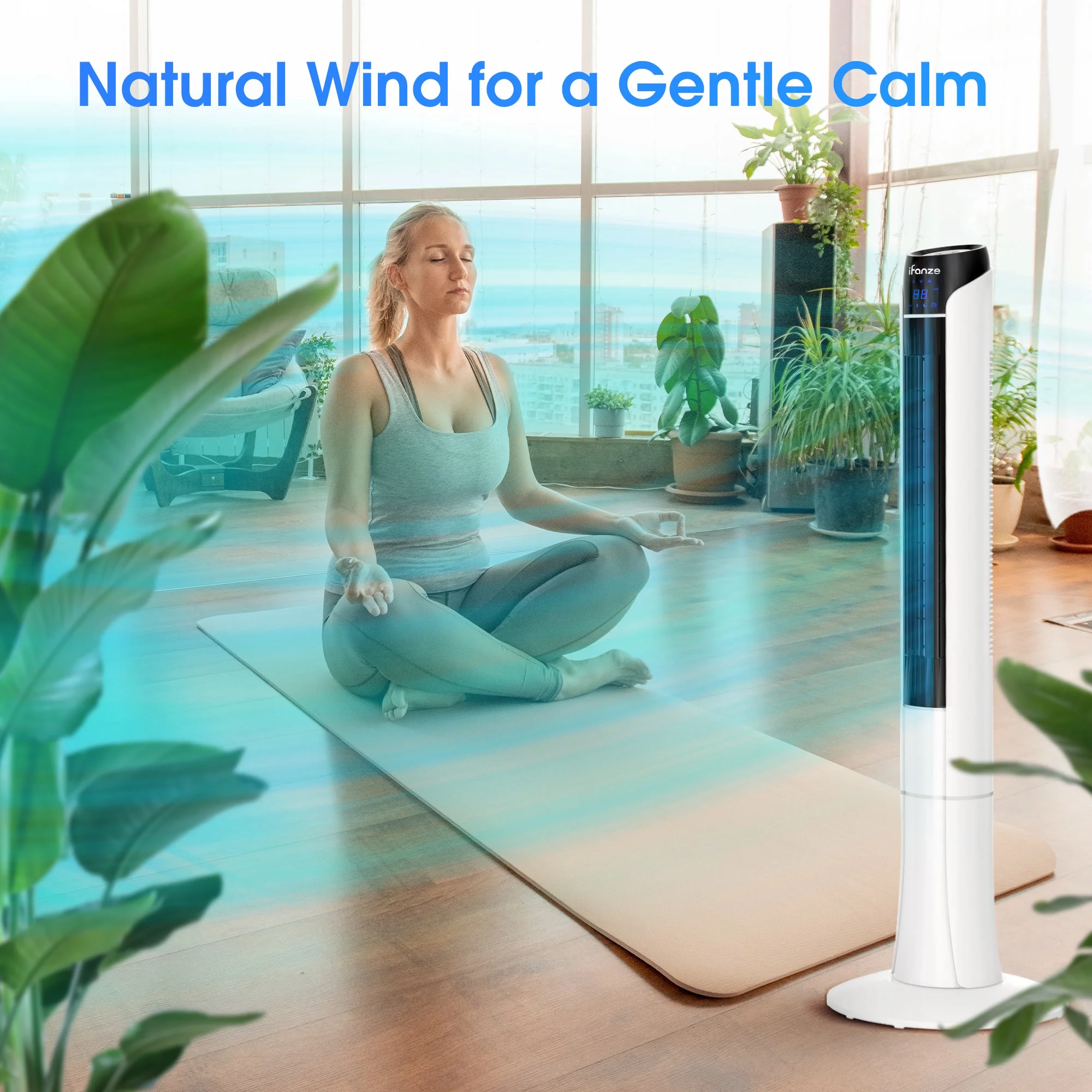 Ifanze 48' Tower Fan for Bedroom, 70�� Oscillating Quiet Bladeless Fan, Cooling Bedroom Fan with Remote, 3 Speeds 3 Modes, LED Display, 15H Timer, Standing Fan for Room Indoor Office Home Use, White