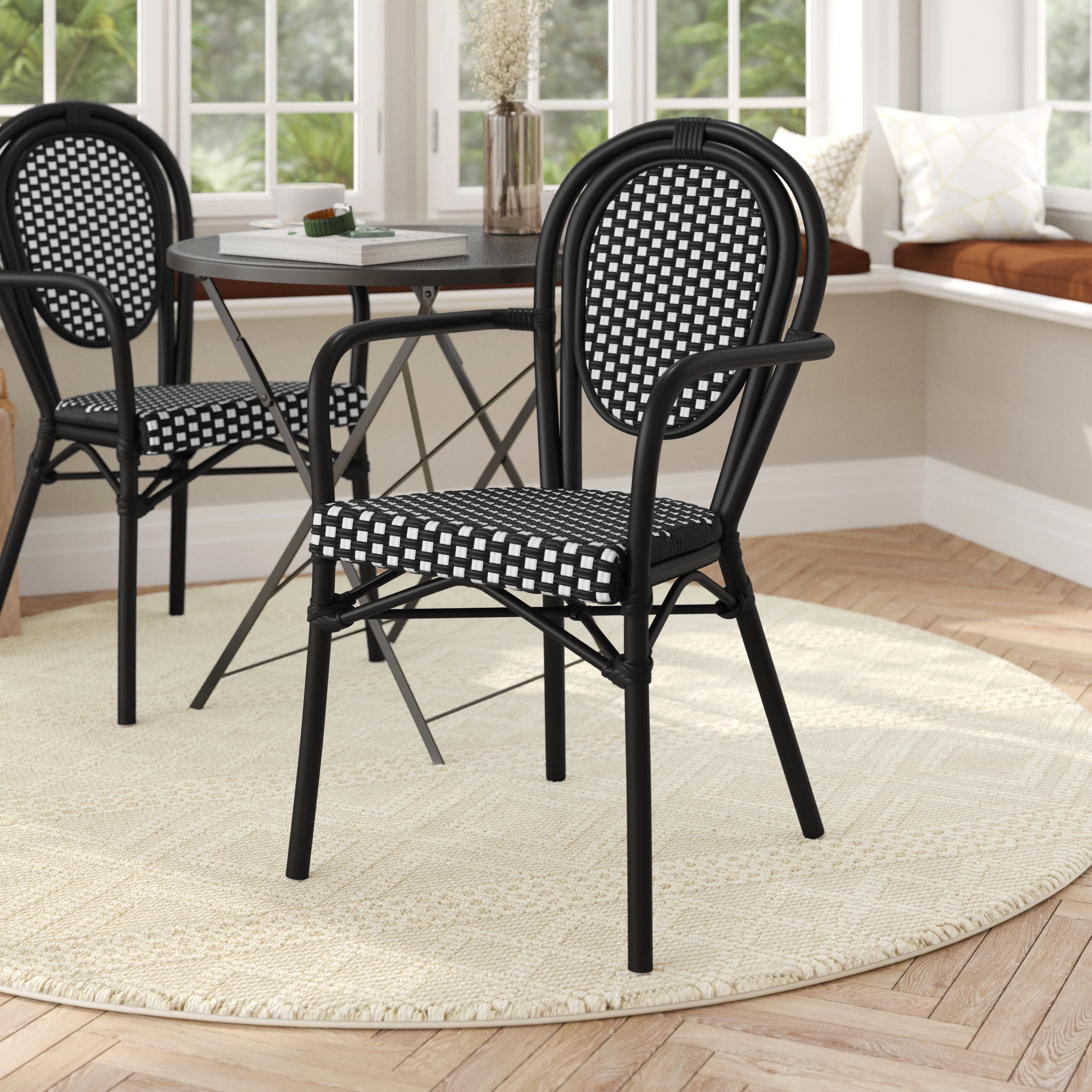 Flash Furniture Indoor/Outdoor Commercial Thonet French Bistro Stacking Chair with Arms, Black and White PE Rattan and Black Aluminum Frame