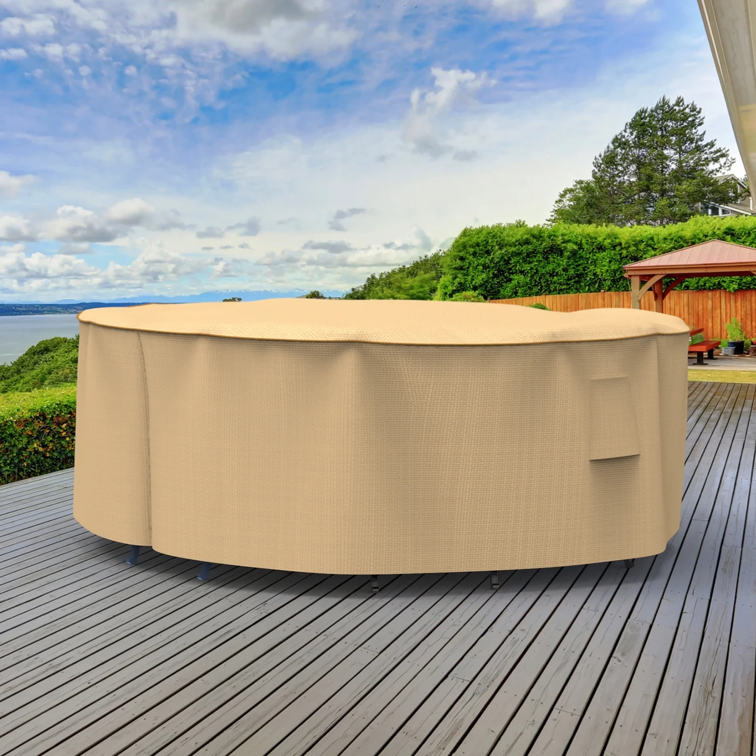 Budge L Tan Patio Round Table/Chairs Cover, StormBlock? Savanna
