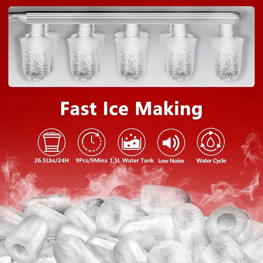 Countertop Ice Makers, Portable Ice Machine with Ice Scoop & Basket, Red