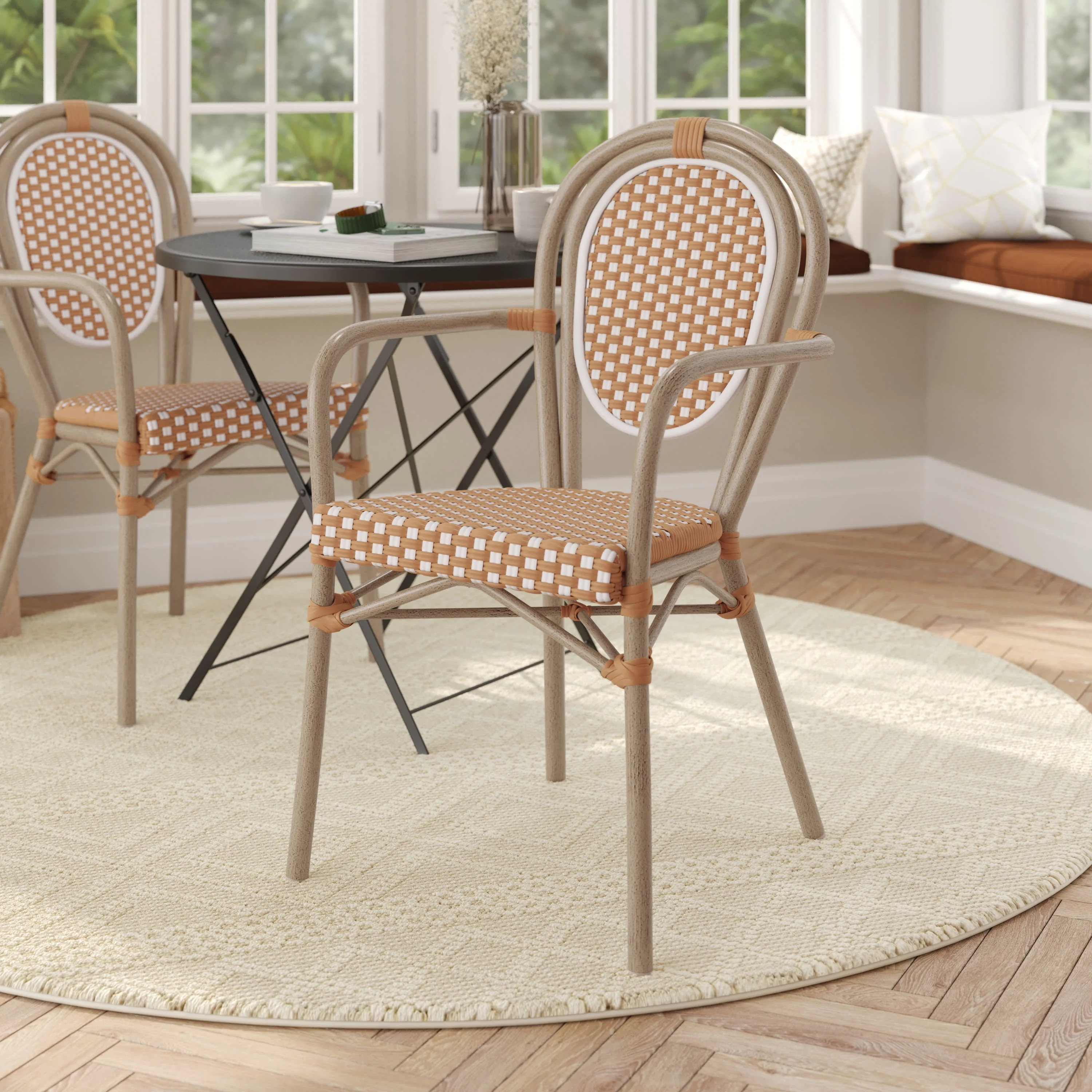 Flash Furniture Indoor/Outdoor Commercial Thonet French Bistro Stacking Chair with Arms, Natural/White PE Rattan and Bamboo Print Aluminum Frame in Lt Natural