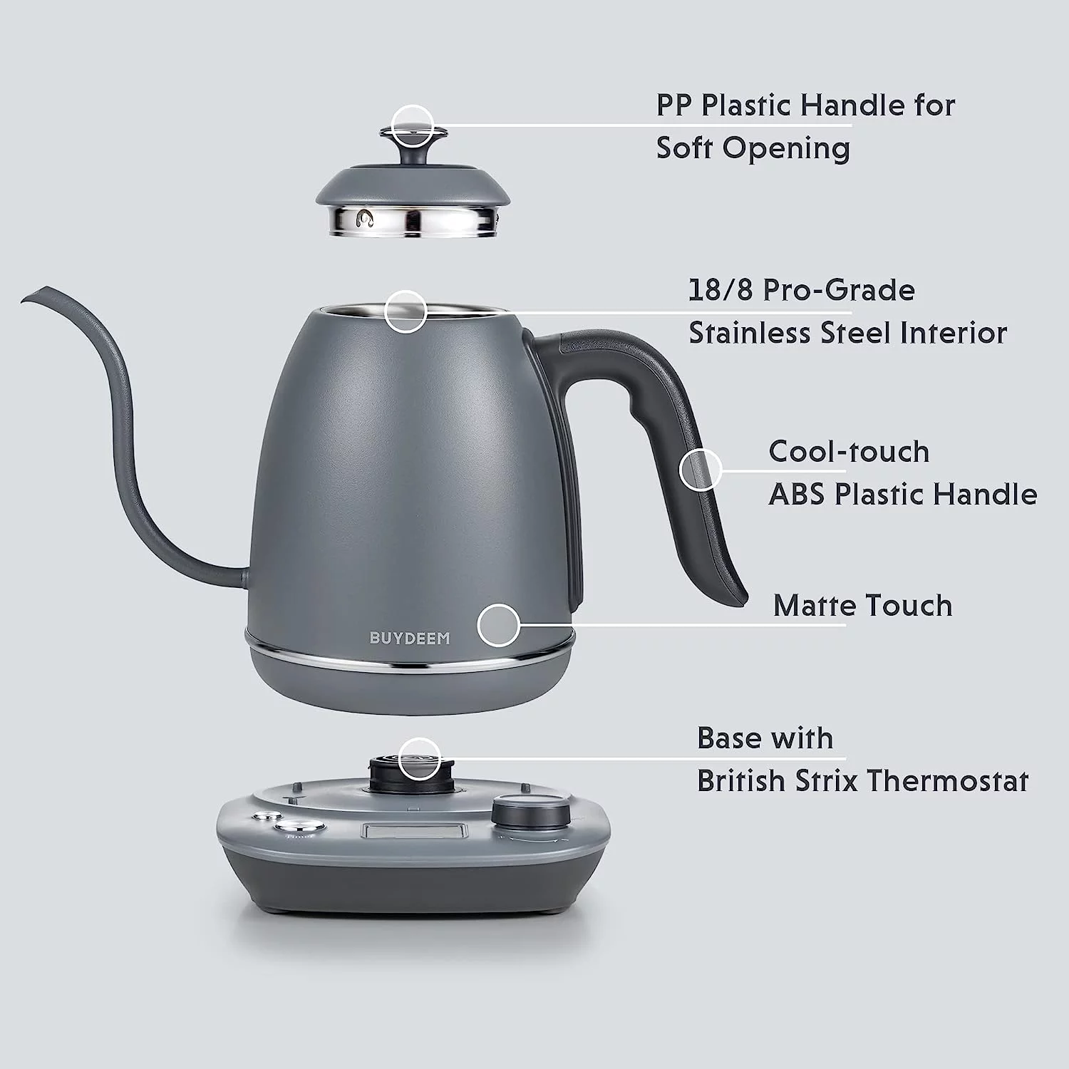 BUYDEEM Gooseneck Electric Pour-Over Kettle, Stainless Steel Coffee Tea Kettle with Variable Temperature Control, Ink Grey