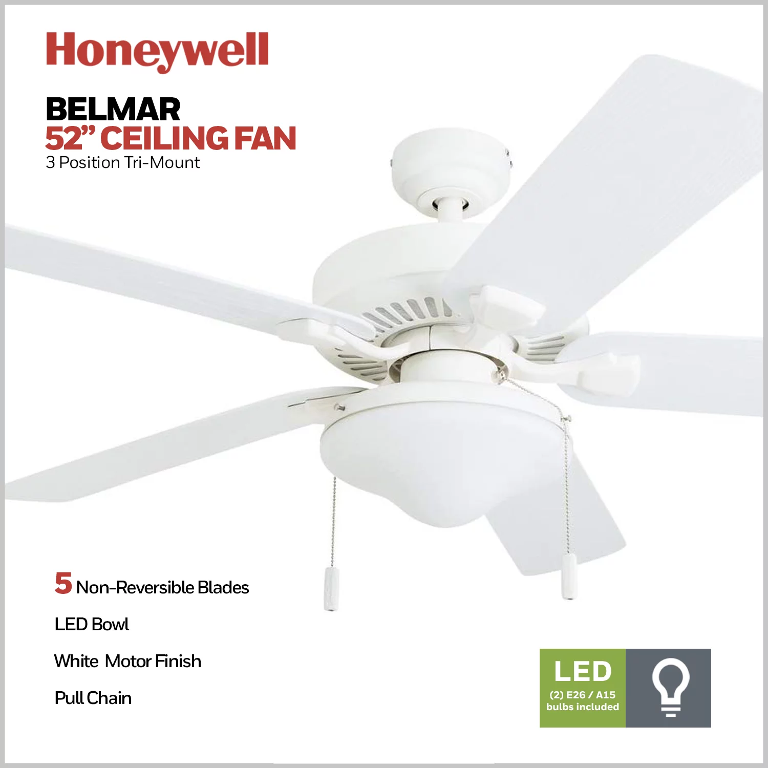 Honeywell Belmar 52' White Indoor/Outdoor Ceiling Fan with 5 Blades, Light Kit, Pull Chains & Reverse Airflow