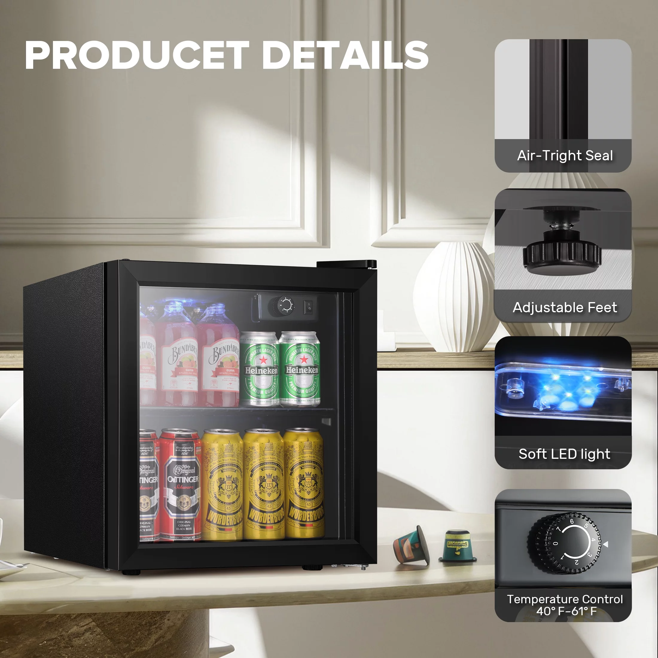 KISSAIR 1.3 Cu.ft Beverage Refrigerator Cooler - 12 Bottle & 48 Can Mini Fridge, Wine Cooler, Mini Drink Cooler Dispenser with Transparent Glass Door, for Home/Bar/Office
