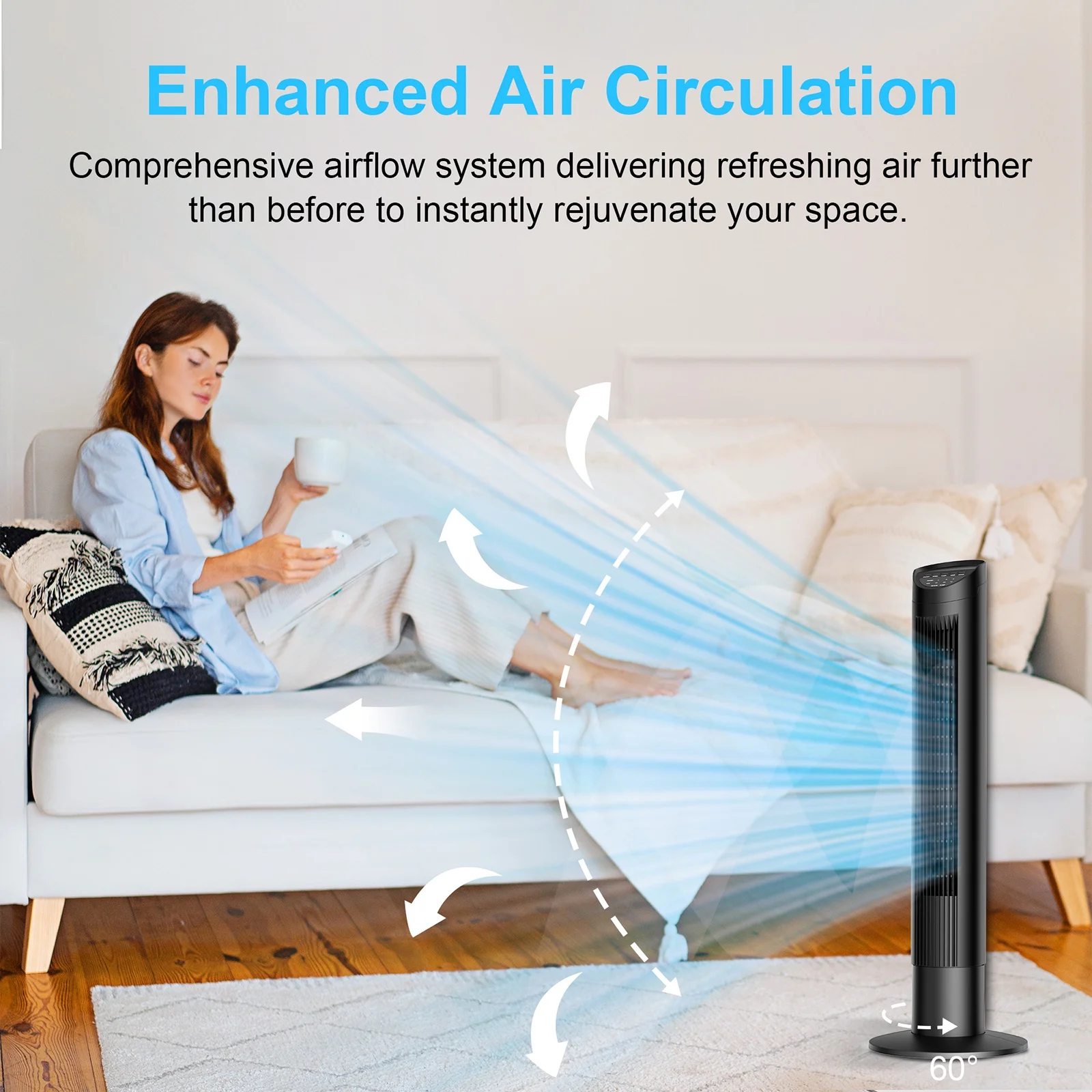 HONGGE Tower Fan for bedroom, 60�� Oscillating Standing Fan with Remote