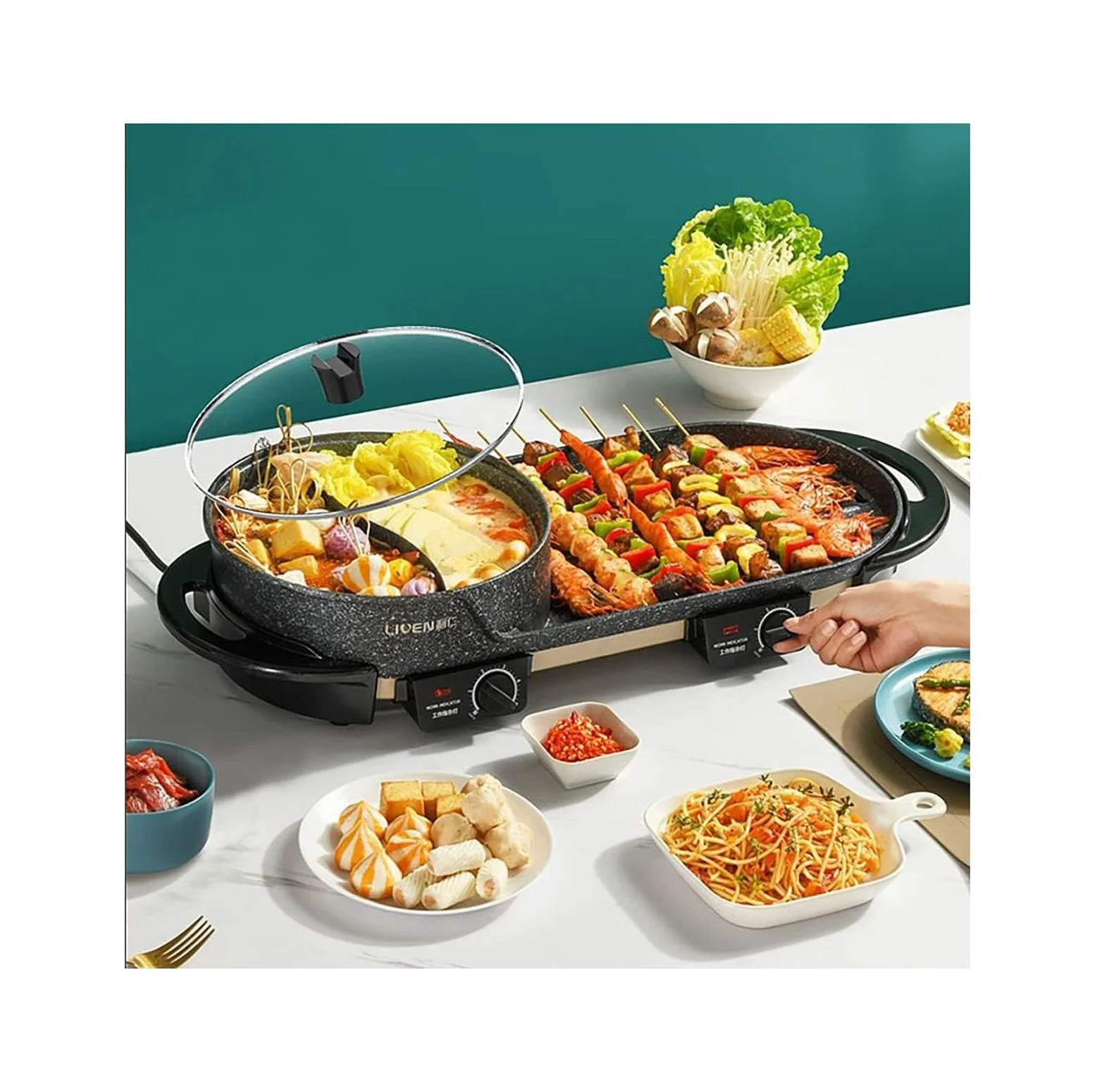 GnHoCh Electric Grill With Hot Pot,Multifunctional Indoor Teppanyaki Grill/Korean BBQ/Shabu Shabu Hot Pot,Separate Temperature Control,3.6L Capacity for 2-10 People,SK-J6868