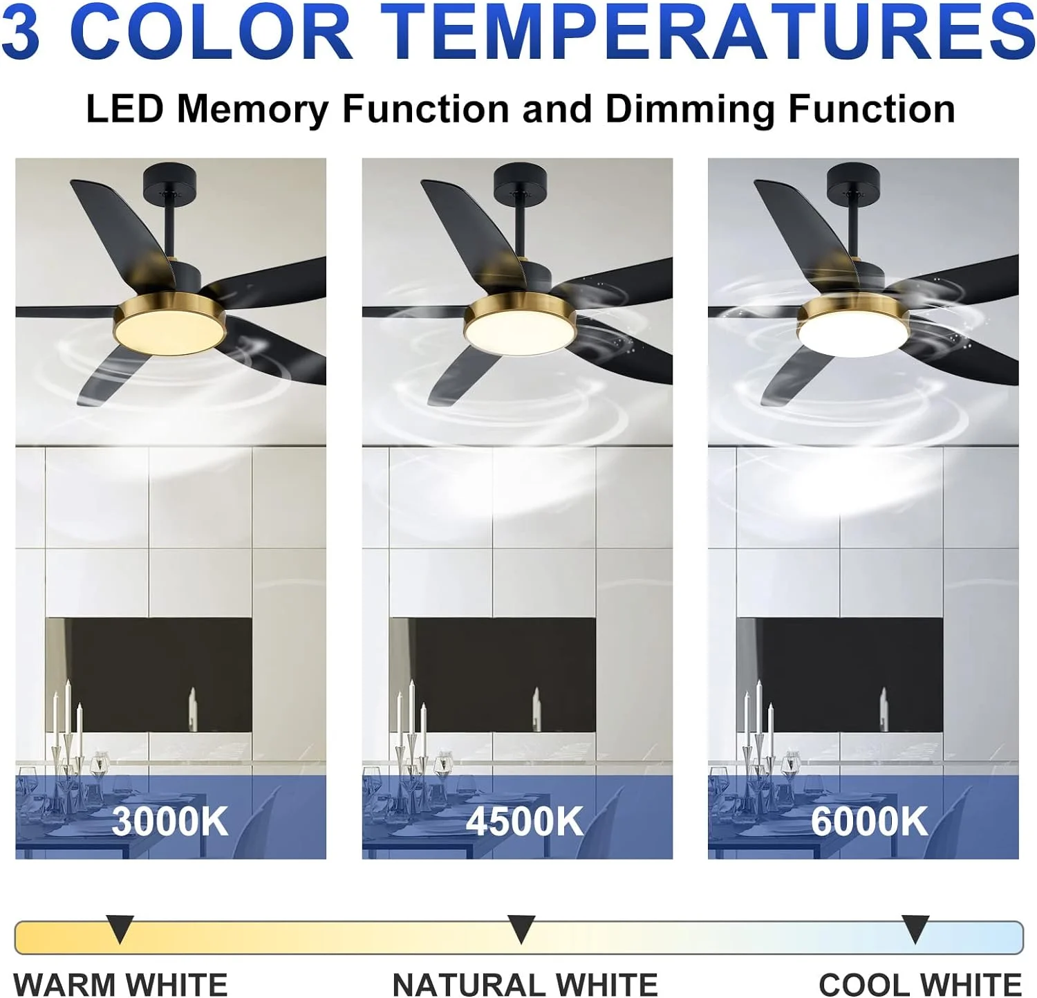 ALUOCYI 56 inch Ceiling Fan with Lights and Remote Control, Outdoor Ceiling Fan with 3 color Memory and Timing,6 Speeds Reversible Motor for Living Room,Bedroom,Patio, Black Gold