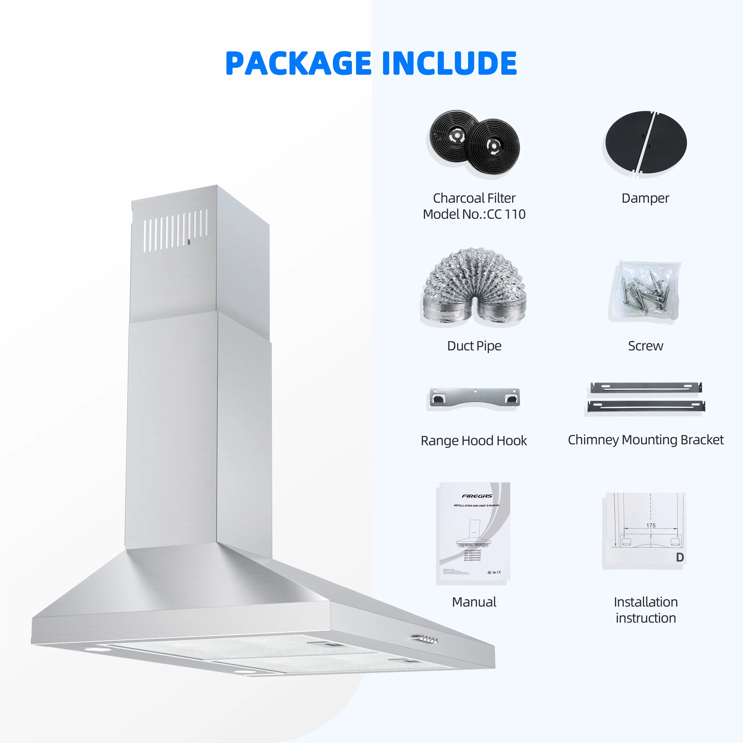 FIREGAS 30 inch Wall Mount Range Hood, Stainless Steel Stove Vent Hood with 3 Speed Exhaust Fan, Aluminum Mesh Filters, Ducted/Ductless Convertible Duct, Push Button, Efficient Airflow,Charcoal Filter