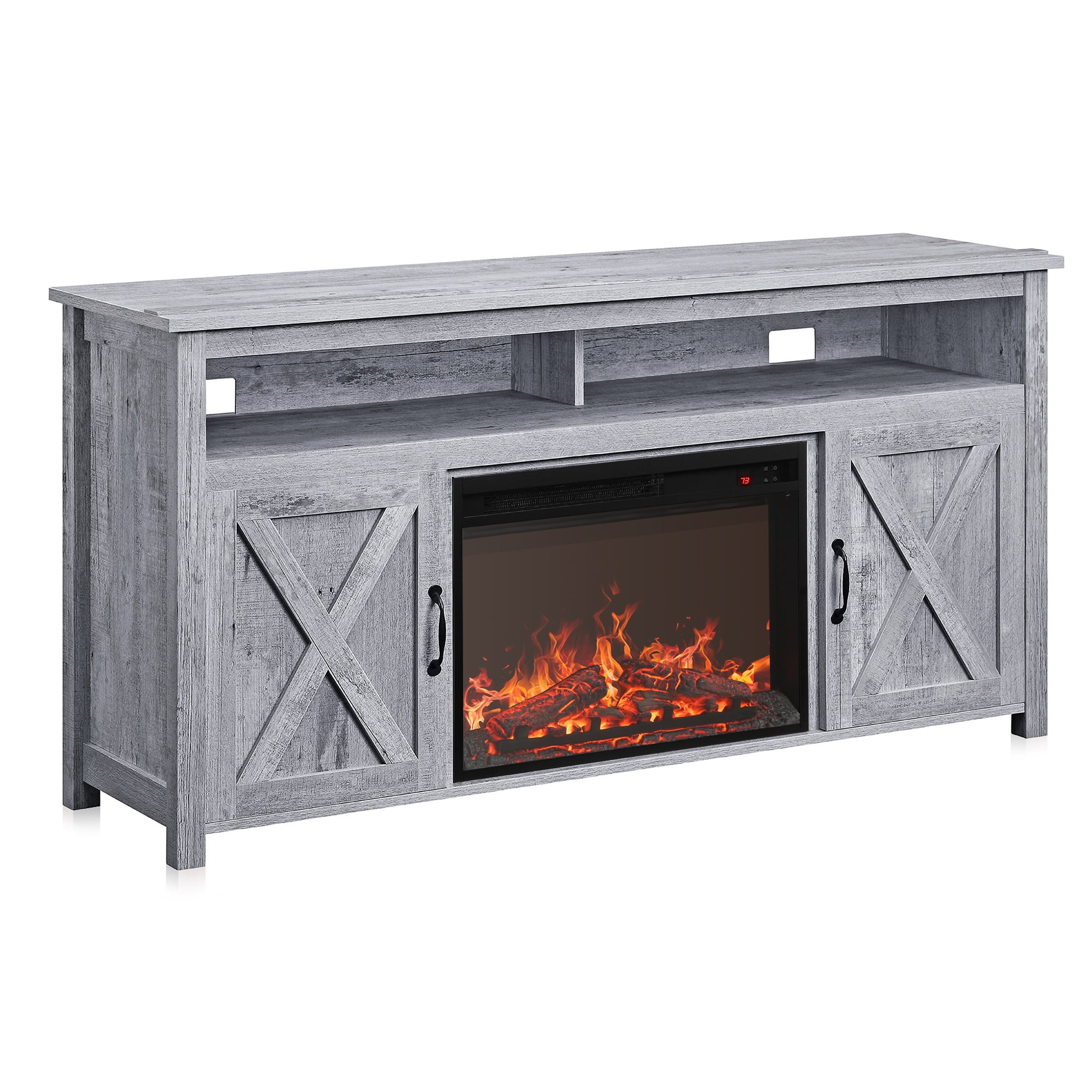 BELLEZE 58' Barn Door TV Stand Media Entertainment Center For TVs up to 65' wiht 23' Fireplace - Corin (Light Gray)