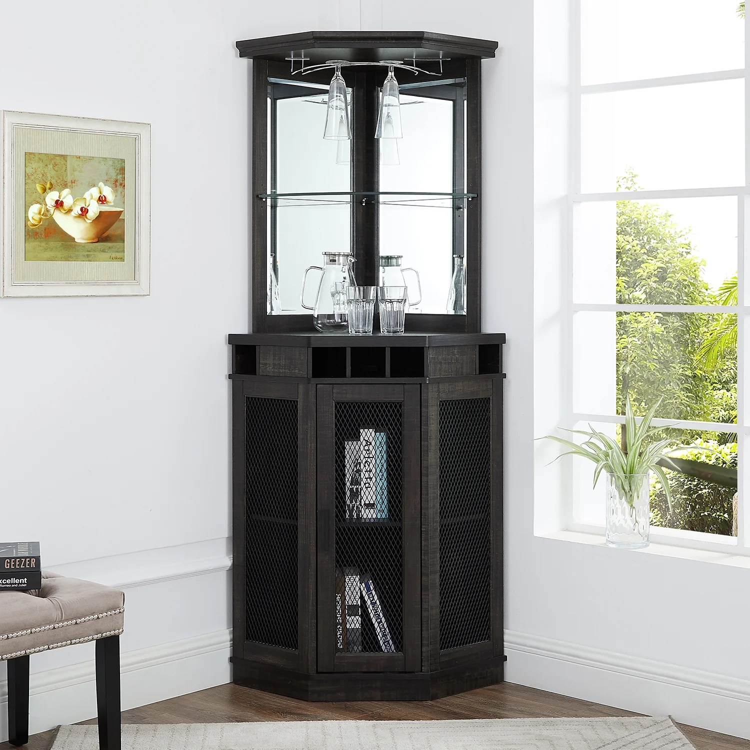 Gramercy Way Grey Corner Bar Unit with Two Glass Shelves, built-in Wine Rack and Lower Cabinet
