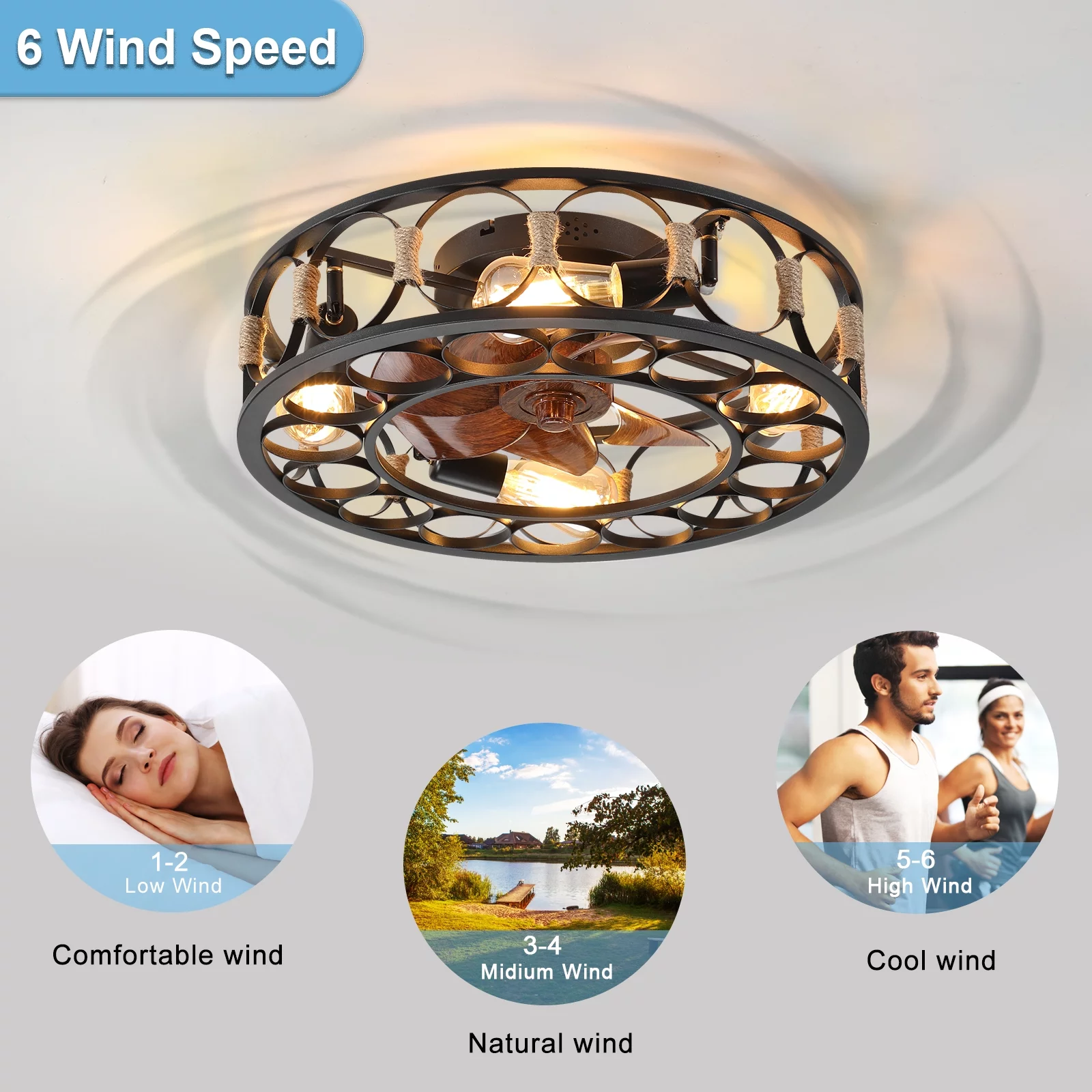 Aukfa 19.7' Retro Caged Fan with Light Remote Control, Flush Mount, Ceiling Fan, Includes 4 Bulbs, Warm Color Lights