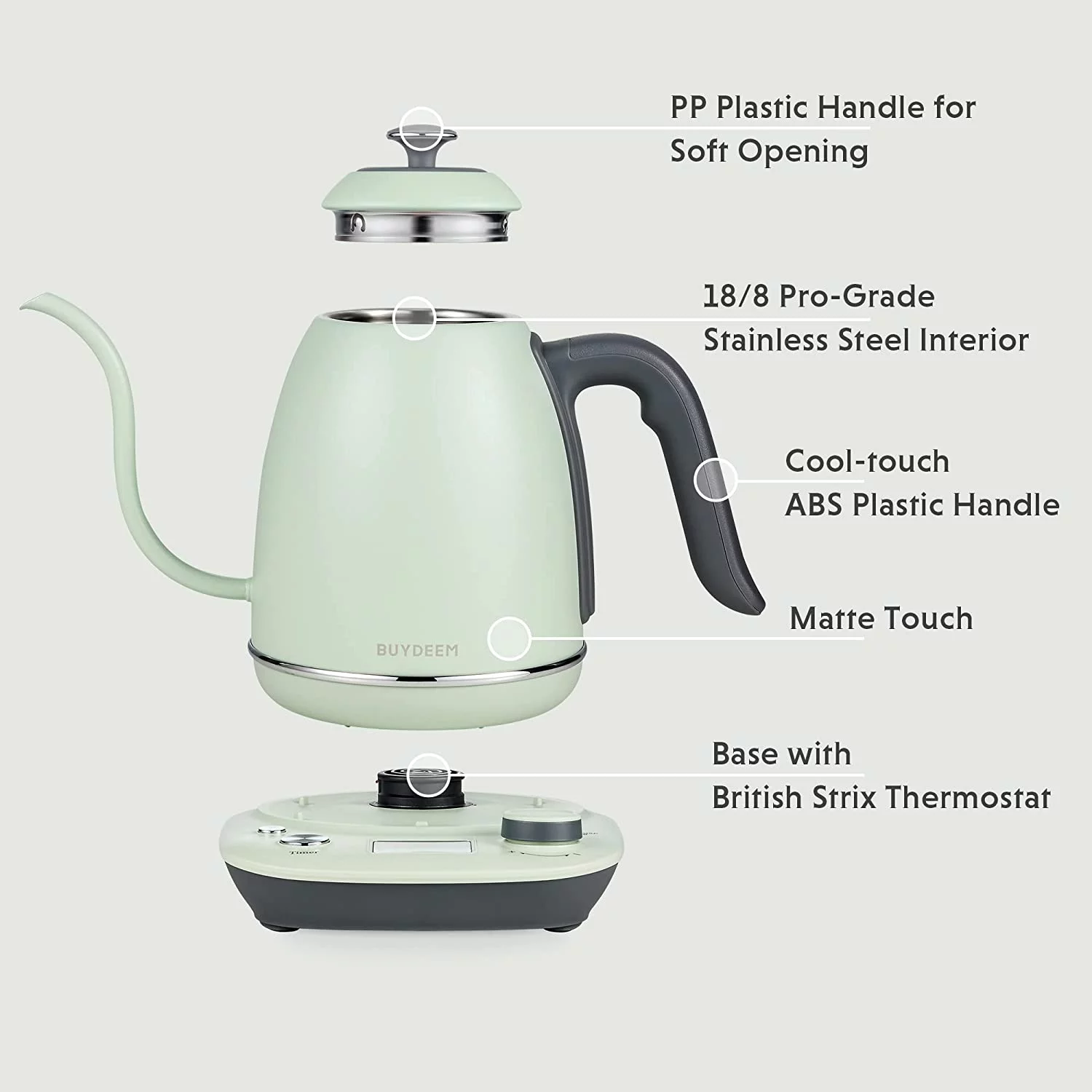 BUYDEEM Gooseneck Electric Pour-Over Kettle, Stainless Steel Coffee Tea Kettle with Variable Temperature Control, Mint Green