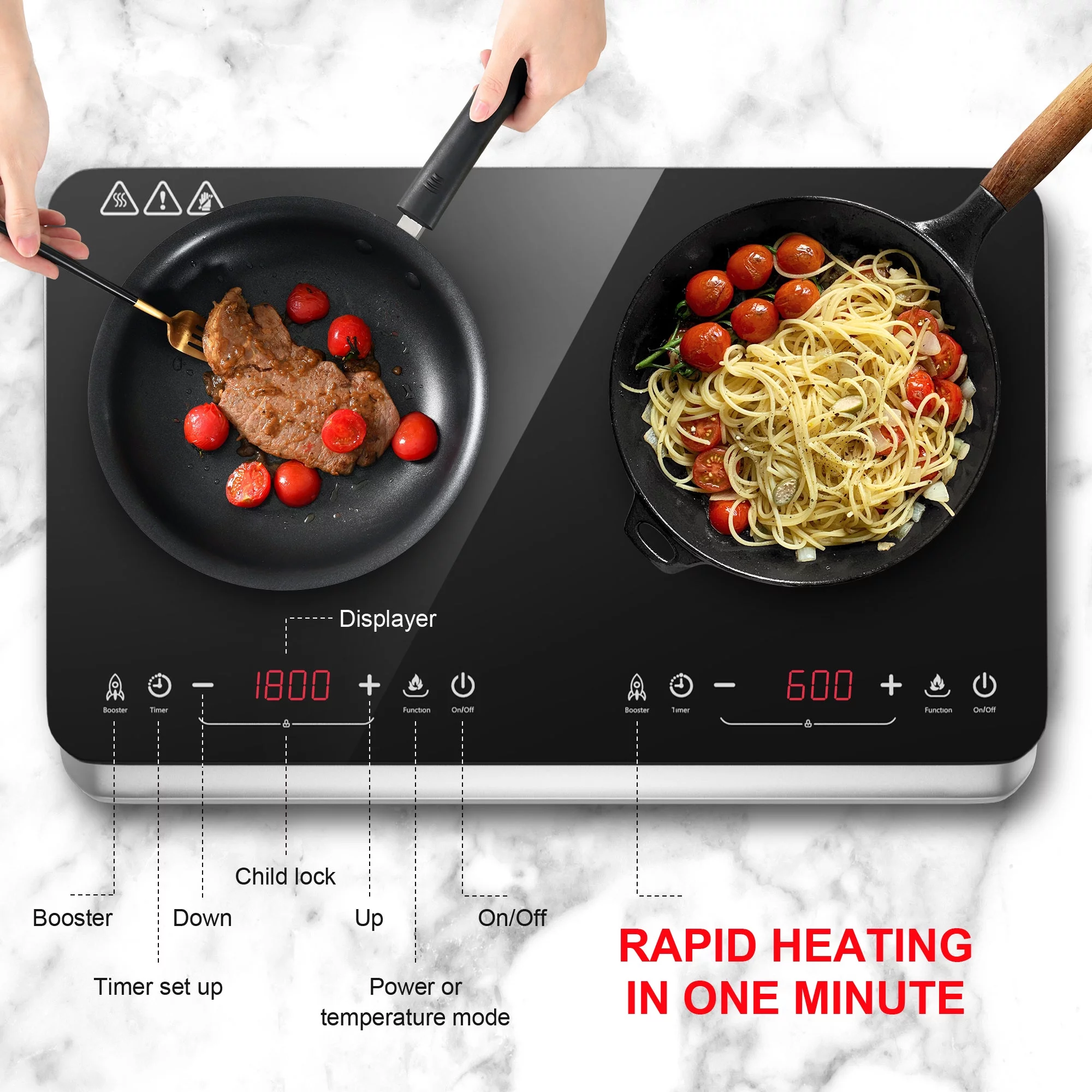 COOKTRON 1800W 120V Quick-Heat Double Burner Electric Induction Cooktop