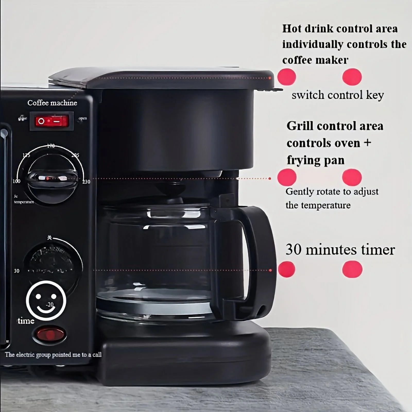 3-in-1 Breakfast Station - Coffee Maker, Non-Stick Griddle, and Toaster Electric Oven - Versatile Breakfast Maker Machine with Timer- Black