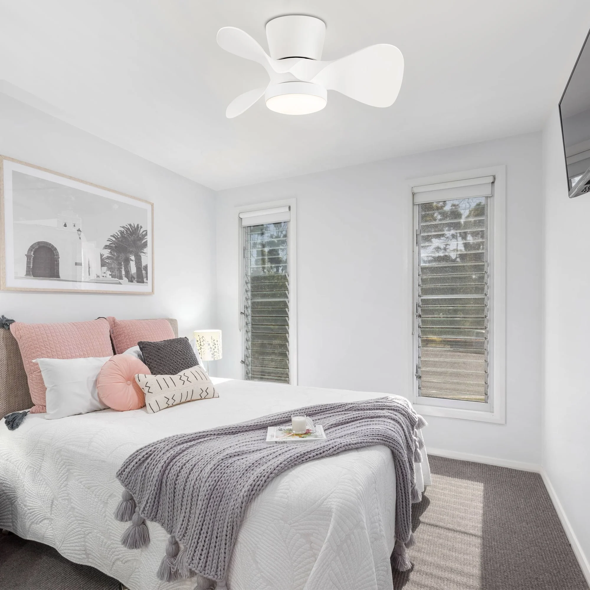 Breezary 22 Inch Flush Mount LED Ceiling Fan with Lights Remote(3-Blade) White - Remote