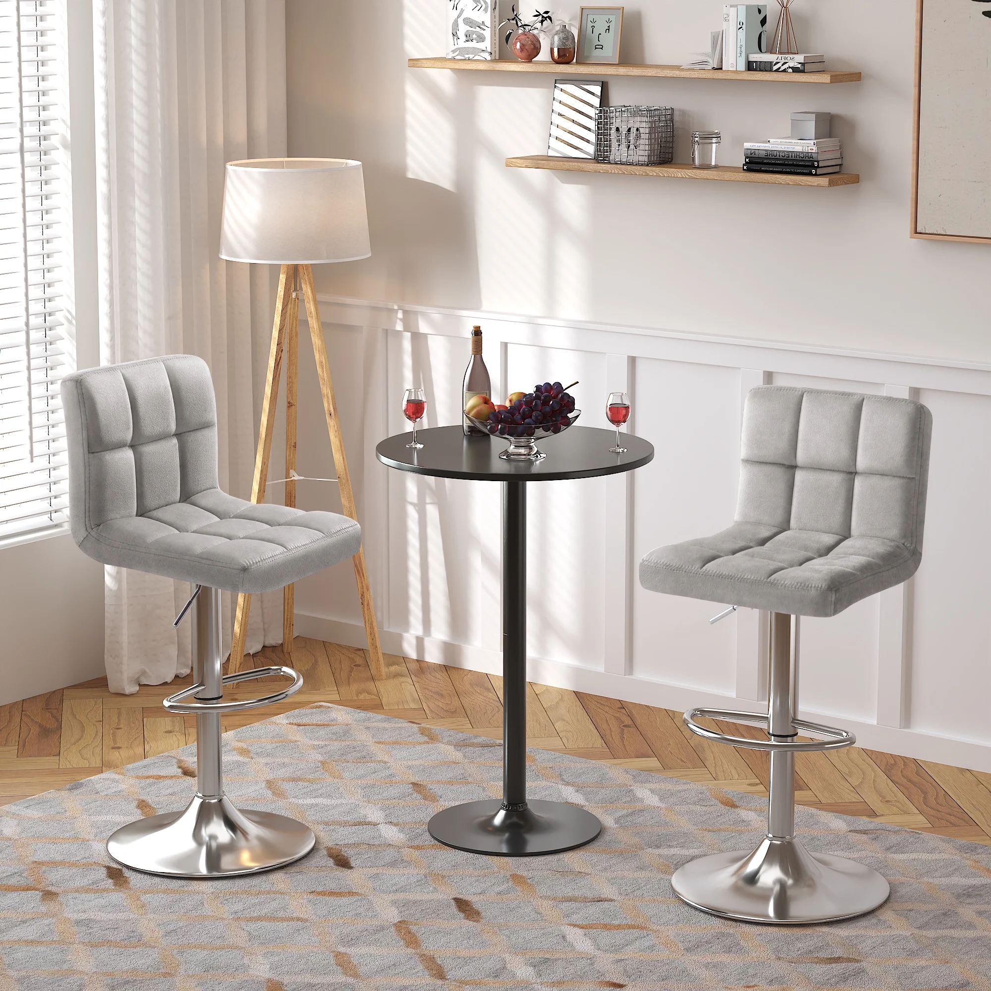 Homall Bar Stools Set of 2 Velvet Kitchen Counter Square Island Height Adjustable Swivel Counter Stools with Back, Gray