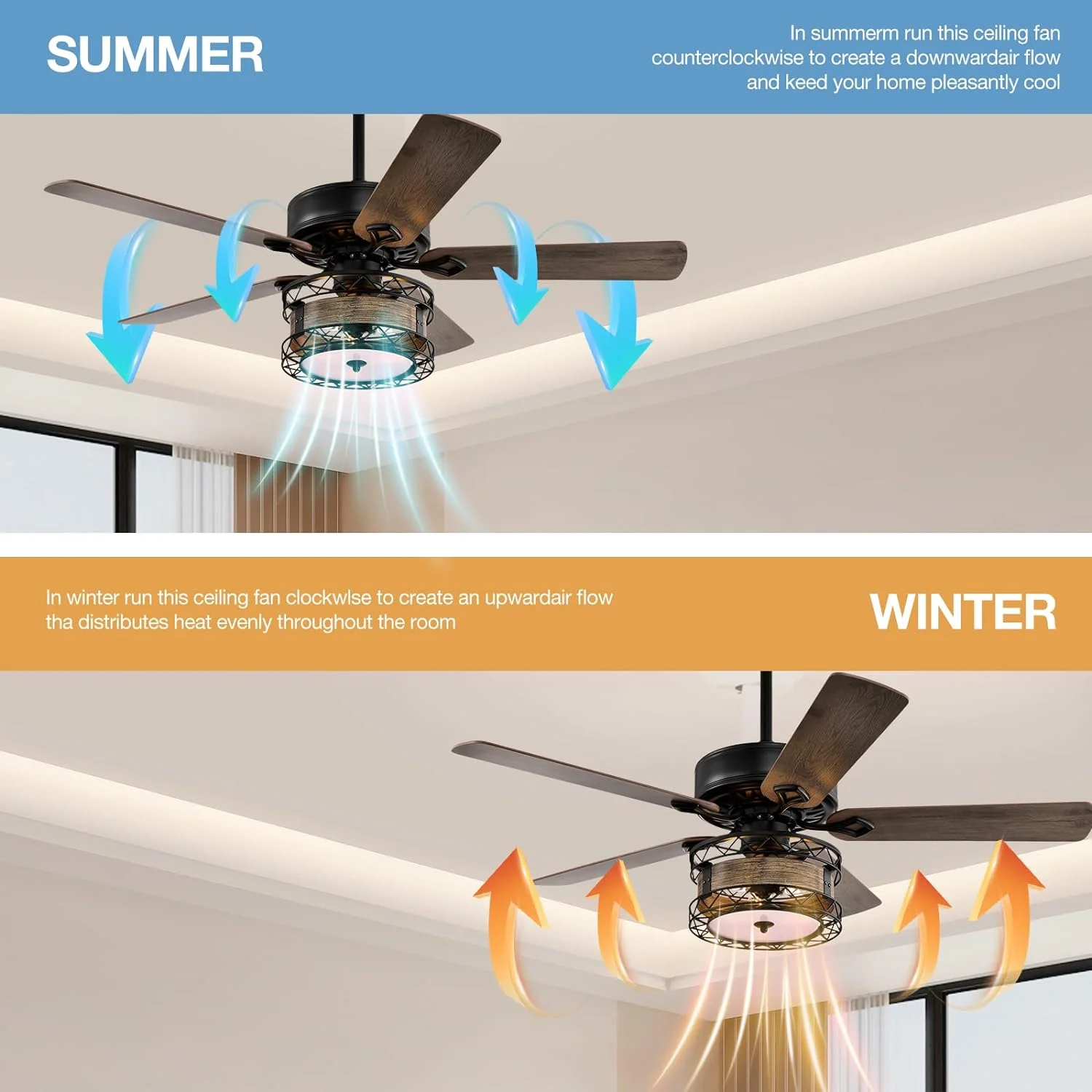 IKIFLY Ceiling Fan with Lights, 52 Inch Industrial Ceiling Fan with Remote Control, 2 Mounting Options, 5 Dual Finish Blades, Reversible Airflow for Bedroom, Living Room