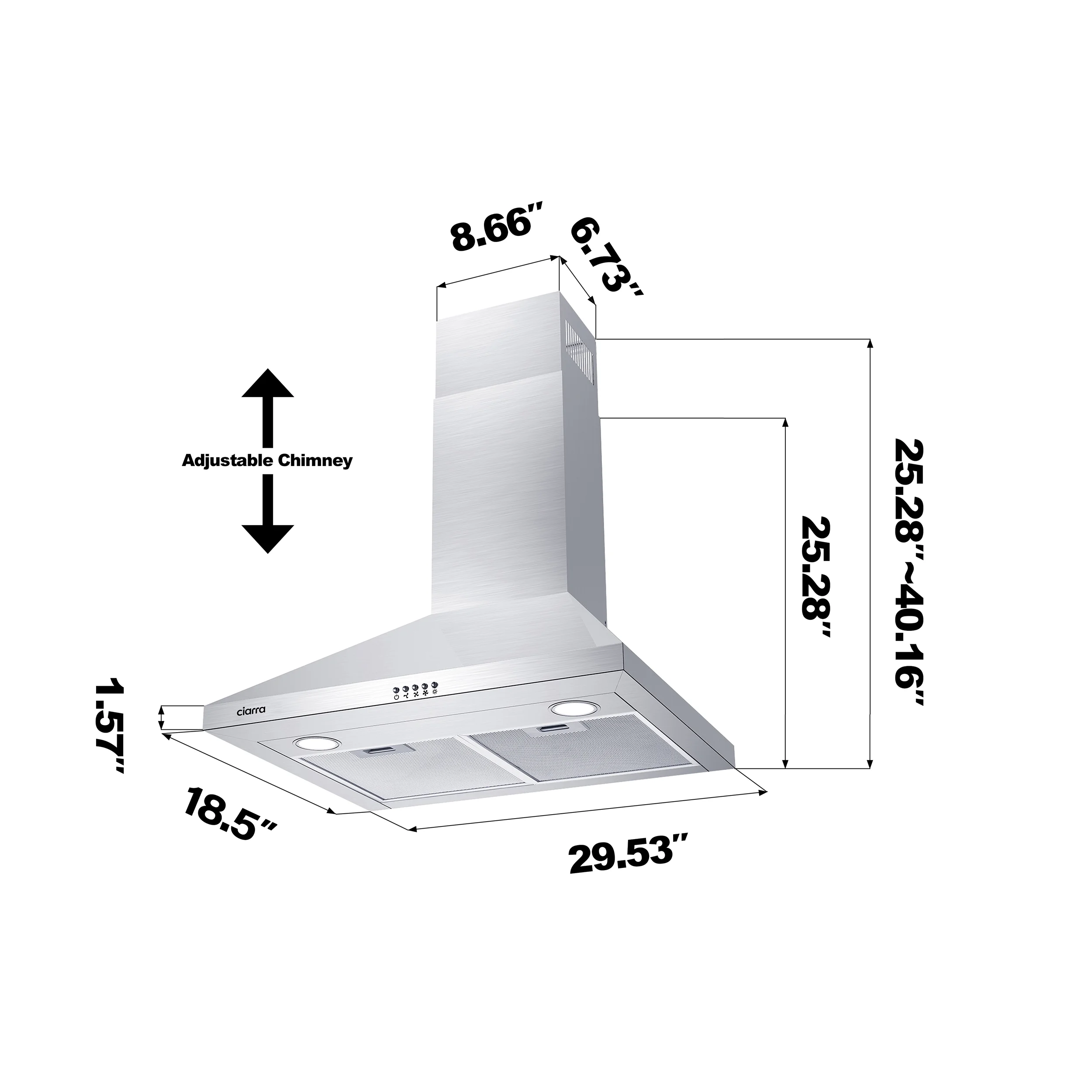 CIARRA Wall Mount Range Hood 30 inch 450CFM with Push Button, Stainless Steel CAS206P75