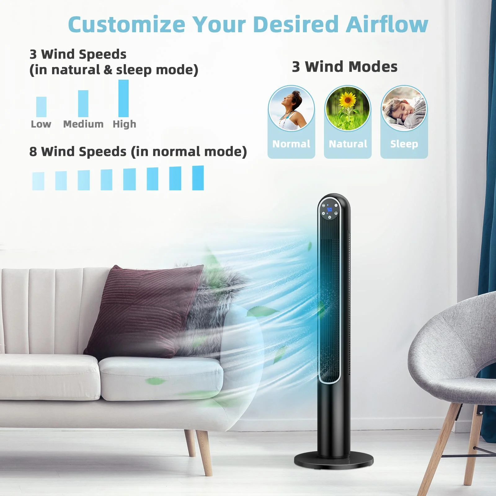 Giantex Tower Fan with Remote Control, Quiet Cooling Fan w/3 Wind Modes, LED Control Panel, Portable Bladeless Standing Fan for Bedroom Living Room Office, Black