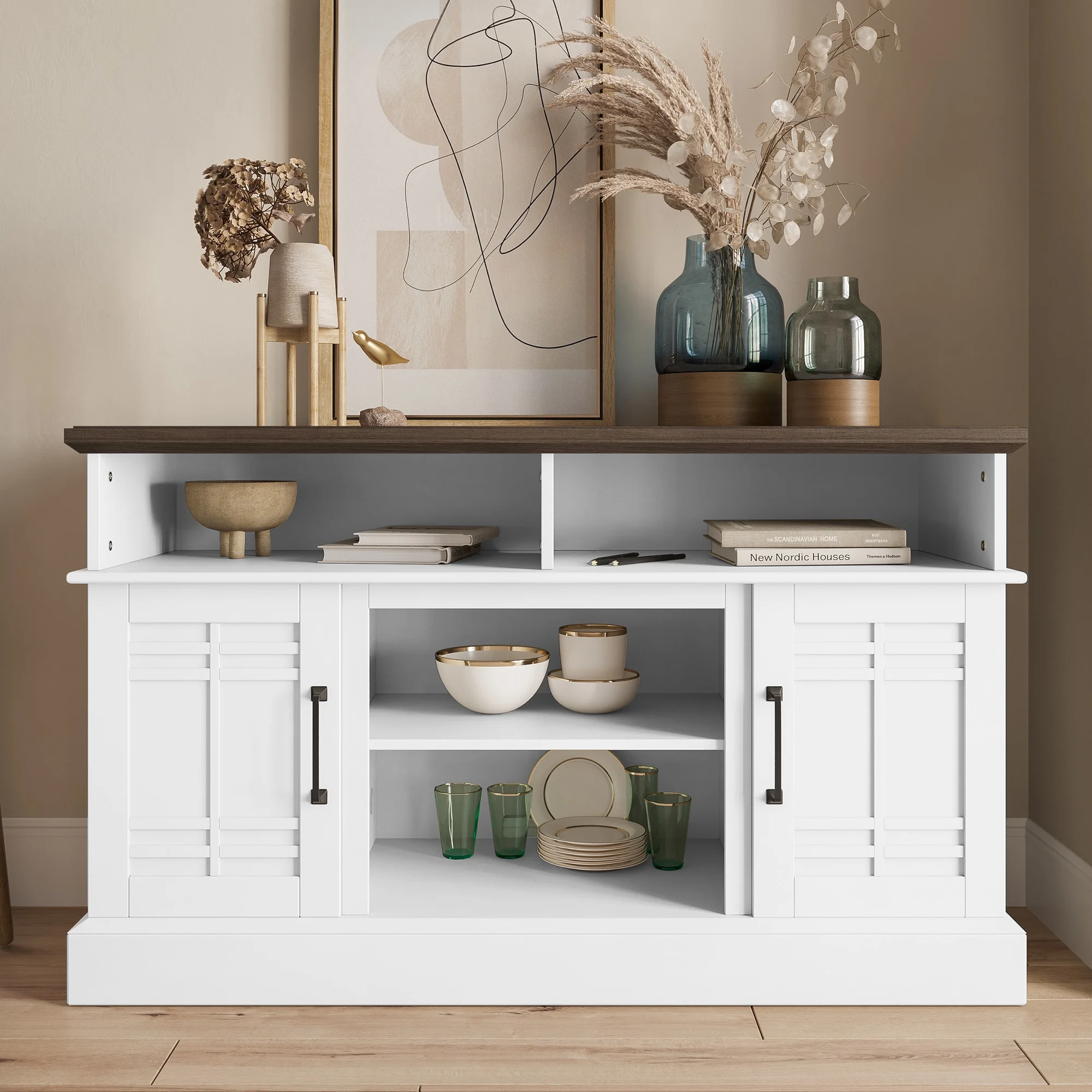 BELLEZE Modern 48' Farmhouse Wood TV Stand & Media Entertainment Center Console Table for TVs up to 50 Inch with Open Storage Shelves & Cabinets - Norrell (White)