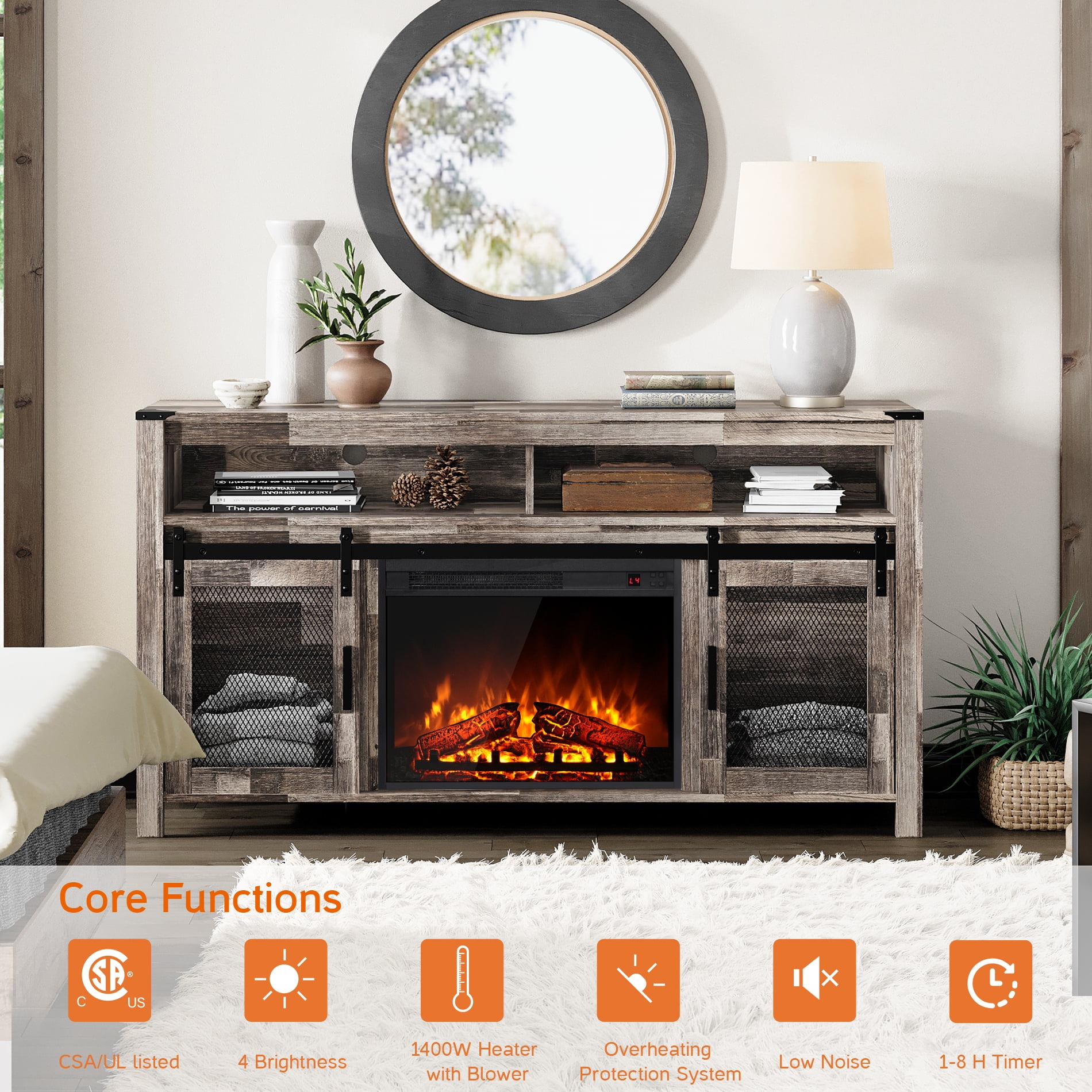 23 Inches Electric Fireplace Insert for TV Stand, Recessed or Mounted 1400W Fireplace Heater with Remote Control & & Heat, 8H Timer, 4 Flame Brightness, Overheating Protection