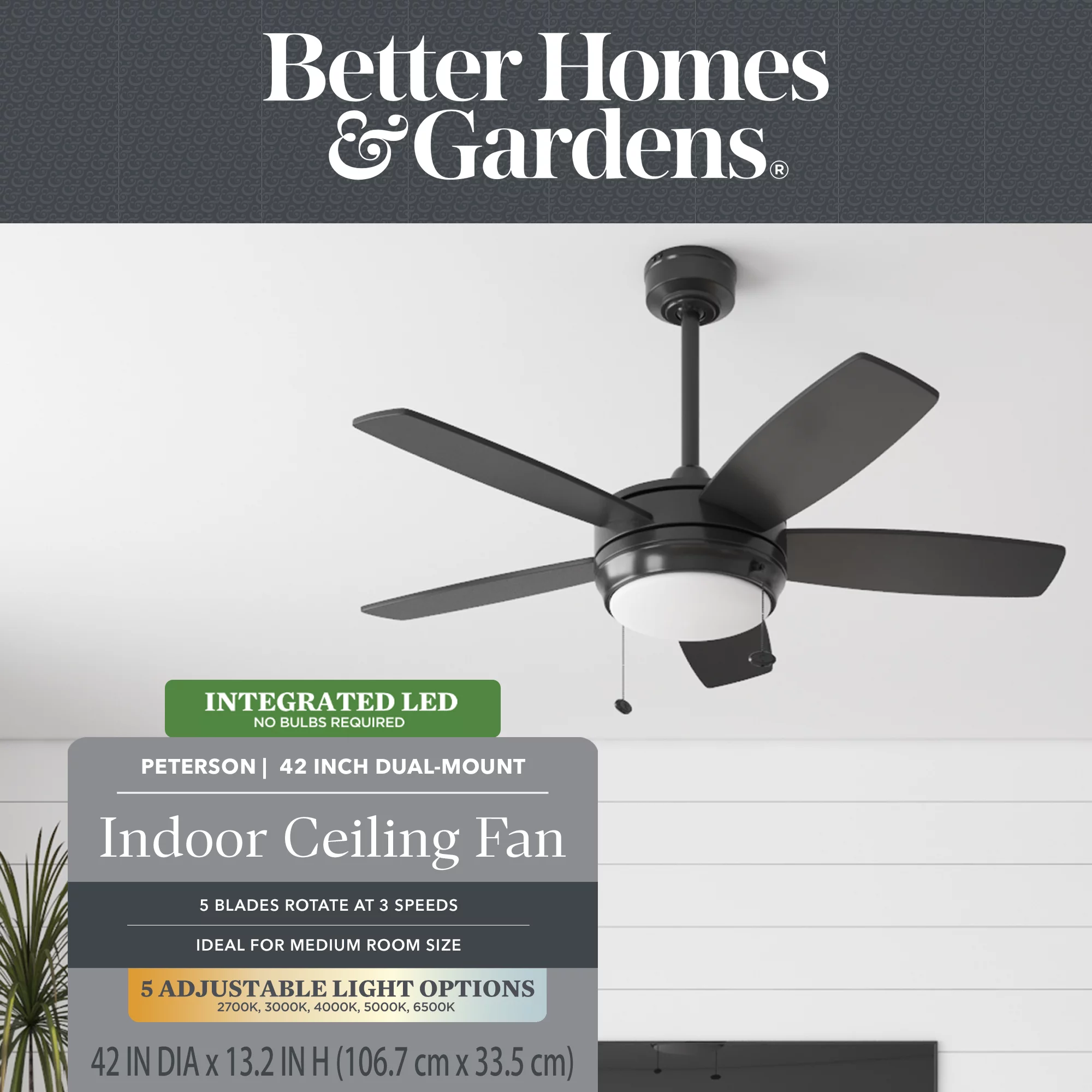Better Homes & Gardens Peterson 42' Black Indoor Ceiling Fan with Light, 5 Blades, Pull Chains & Reverse Airflow