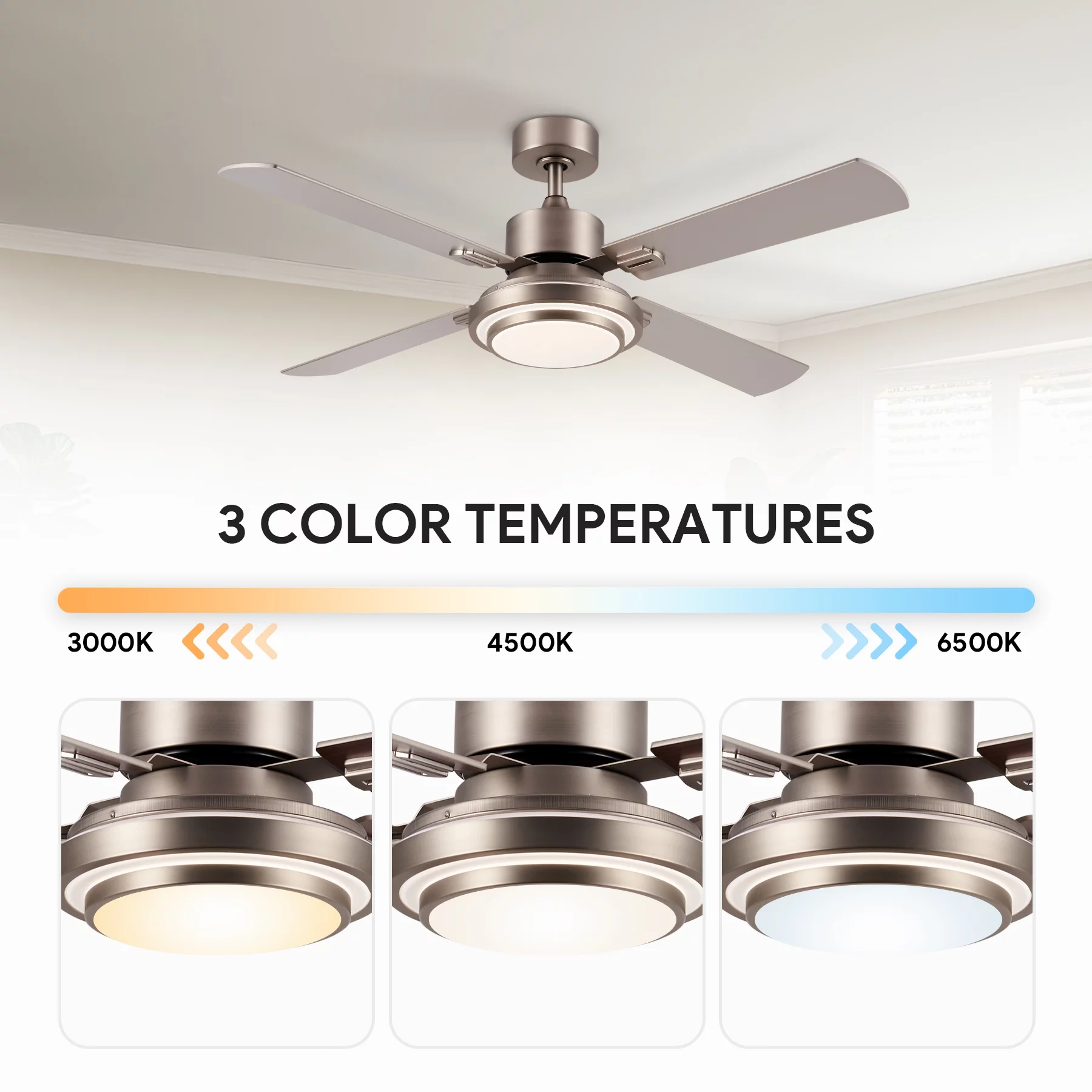 Bestco 52' Downrod Ceiling Fan with Light and Remote 4 Blades 3 Color Light 6 Speed Reverse Airflow