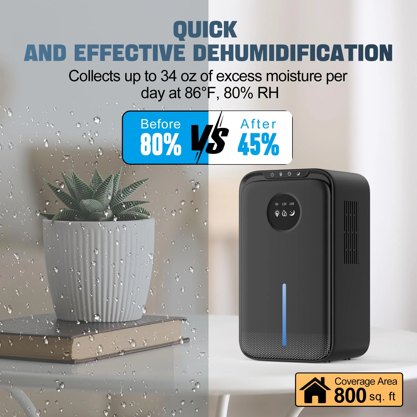 Dehumidifier, 85 OZ Dehumidifiers for Room for Home, (800 sq. ft.) Quiet Dehumidifiers for Bathroom, Bedroom, Closet, RV, 7 Colors LED Auto Shut Off Dehumidifier with Drain Hose