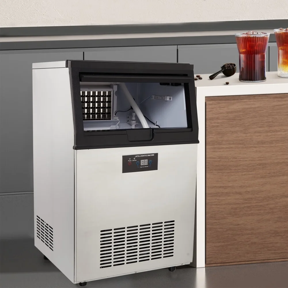 Commercial Ice Maker Machine, Freestanding 130Lbs/24H Stainless Steel Under Counter Ice Machine with Auto Self-Cleaning and LCD Panel Display