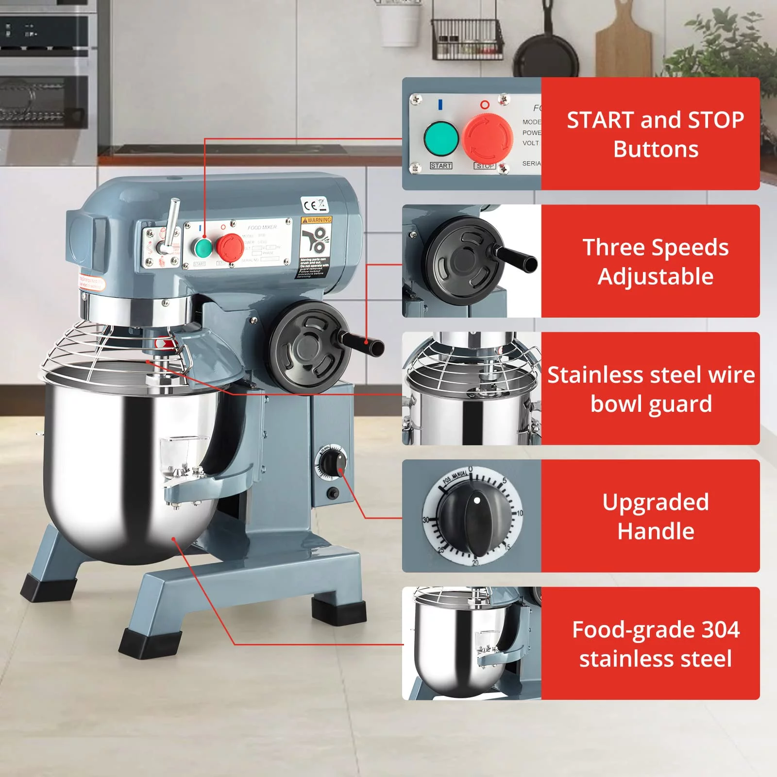 Gymchoice Commercial Food Mixer 10Qt 450W Electric Dough Blender 3 Speed with Stainless Steel Bowl Dough Hook Flat Beater 3 In 1 Multifunctional Food Mixing Machine for Restaurants Schools