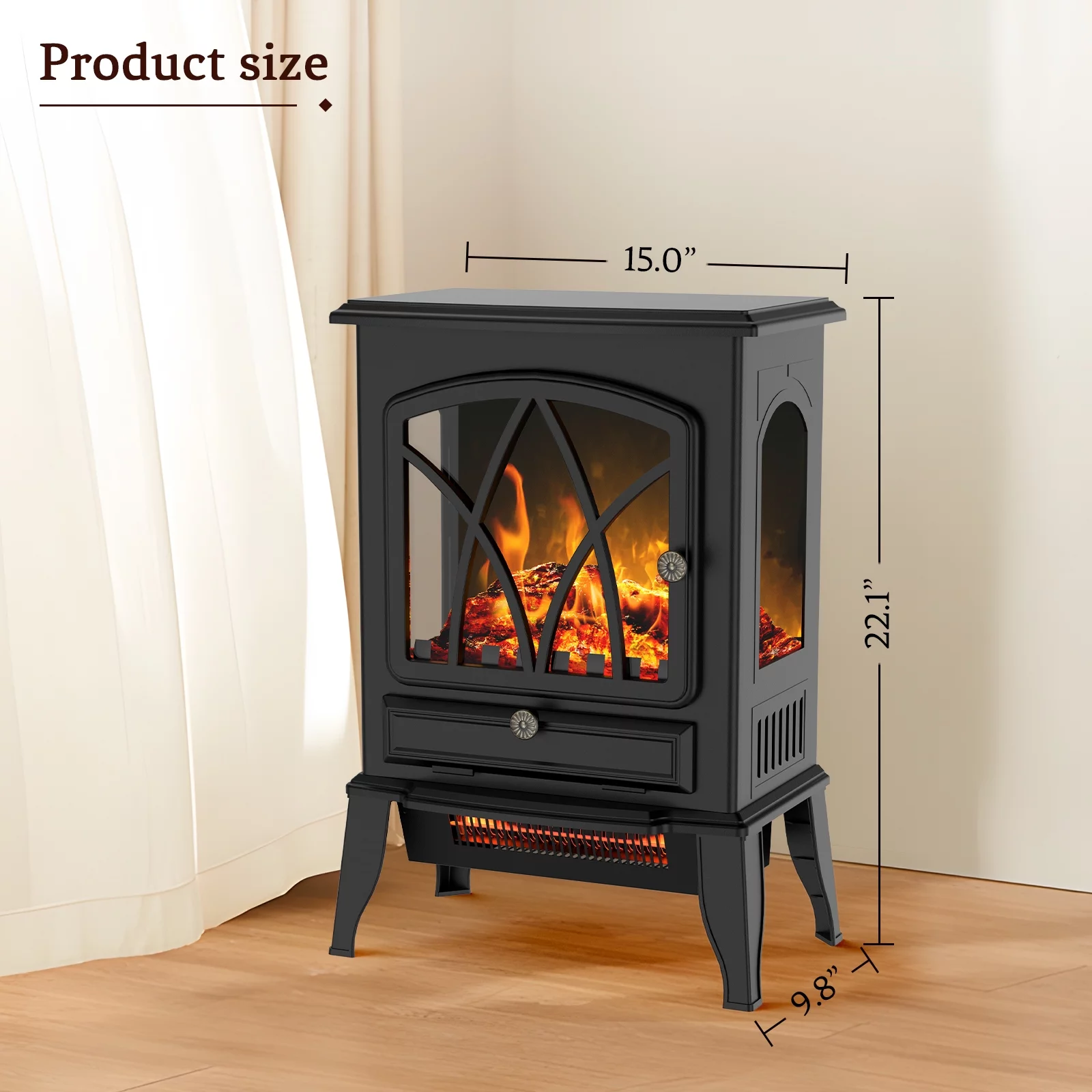 BREEZEHEAT 3D Infrared Heating Electric Fireplace Stove,Adjustable Brightness and Heating, Overheating Protection System, 1000w/1500w,10*15*22 inch