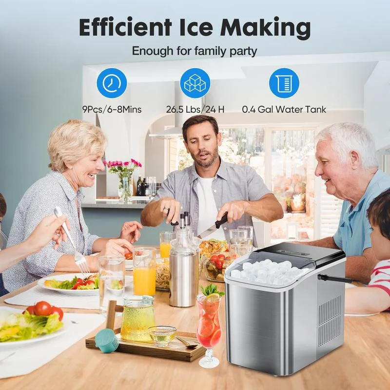 Countertop Ice Maker Machine, Portable Self-Cleaning Ice Machine with Ice Scoop, Basket and Handle, 9 Cubes in 6 Mins, 26.5lbs/24Hrs, 2 Sizes of Bullet Ice Kitchen Utensils