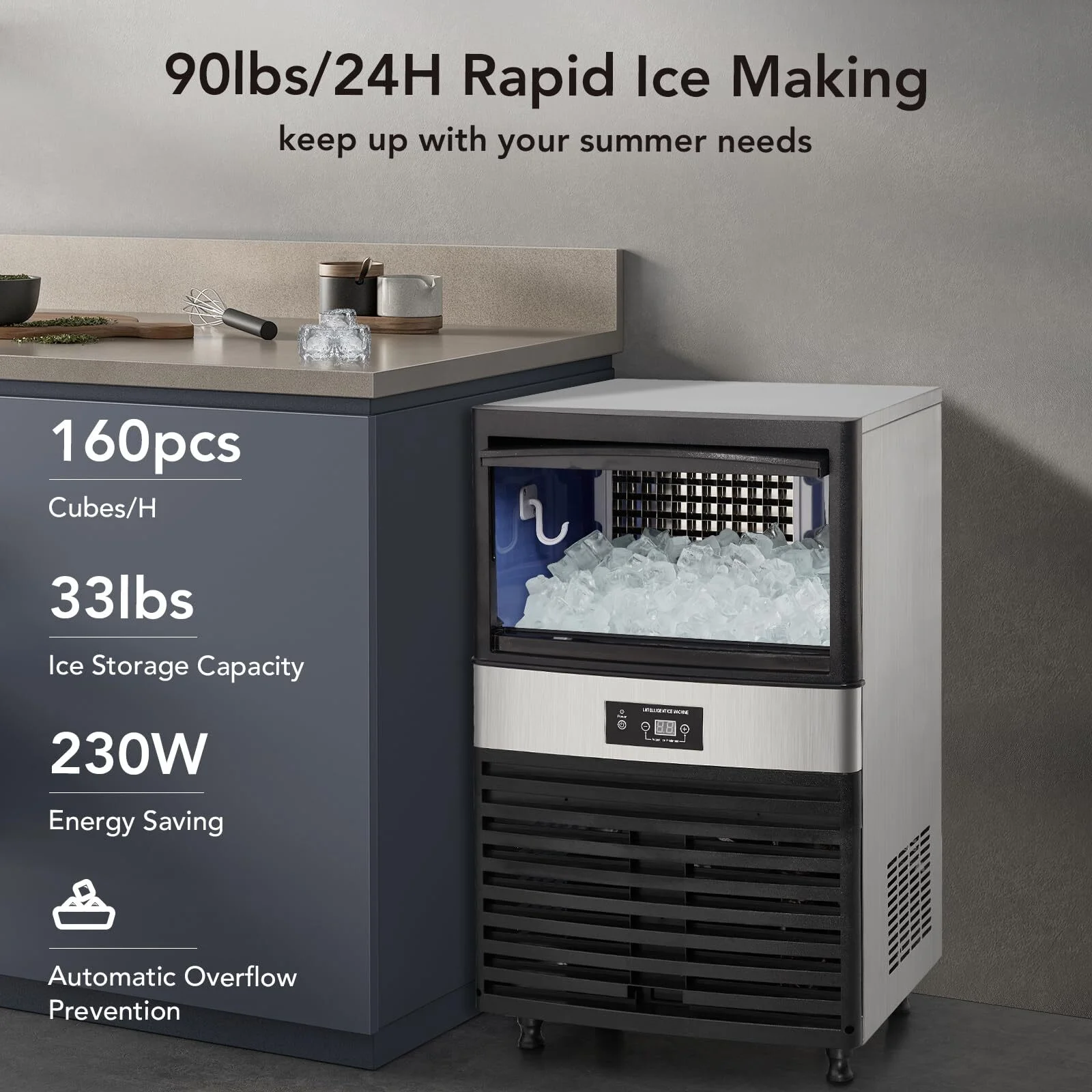 Entcook 110V Commercial Ice Maker 90Lbs/24H with 33Lbs Storage, 4x8 Cubes Automatic Ice Machine in Stainless Steel