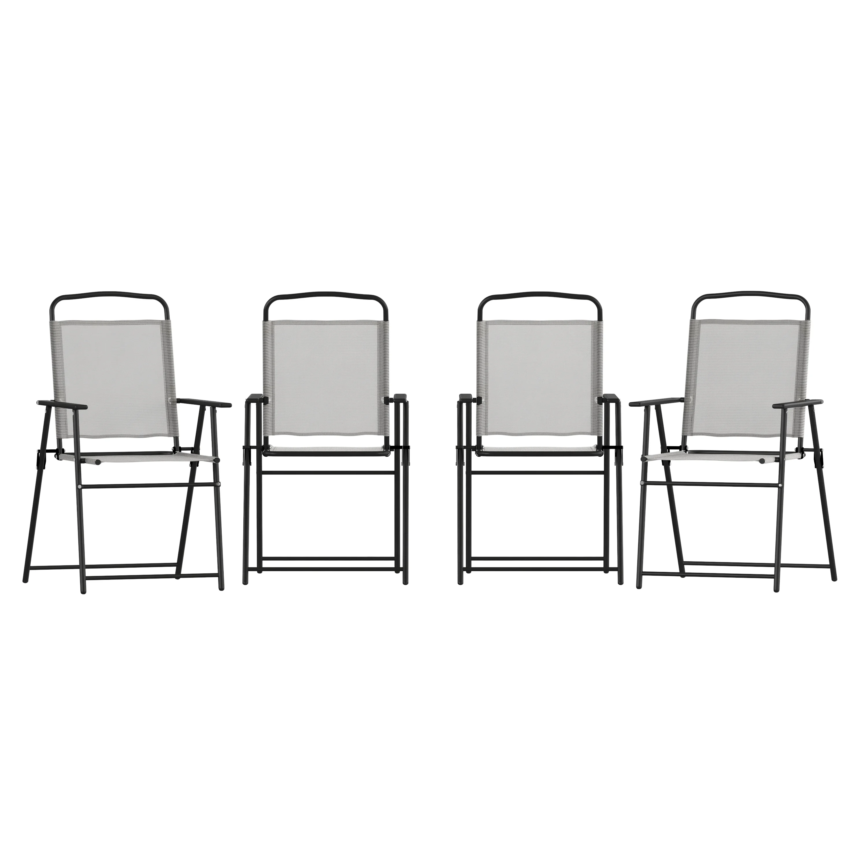 BizChair Set of 4 Folding Patio Sling Chairs, Outdoor Textilene Lawn Chairs with Armrests in Gray
