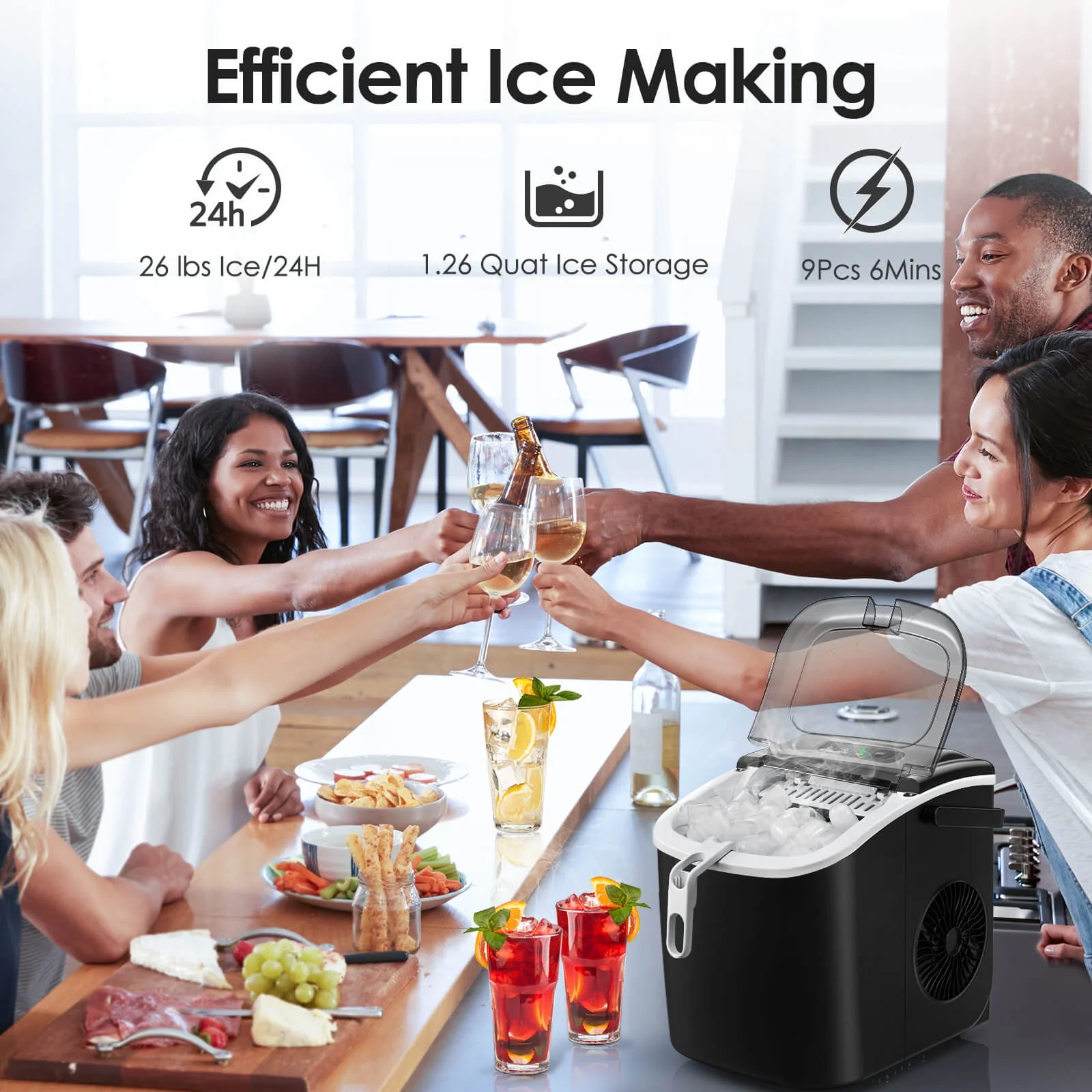 FREE VILLAGE Portable Ice Maker Machine with Handle,26Lbs/24H,Bullet-Shaped Ice Cubes Ice Machine for Home/Kitchen/Office/Party (Black)
