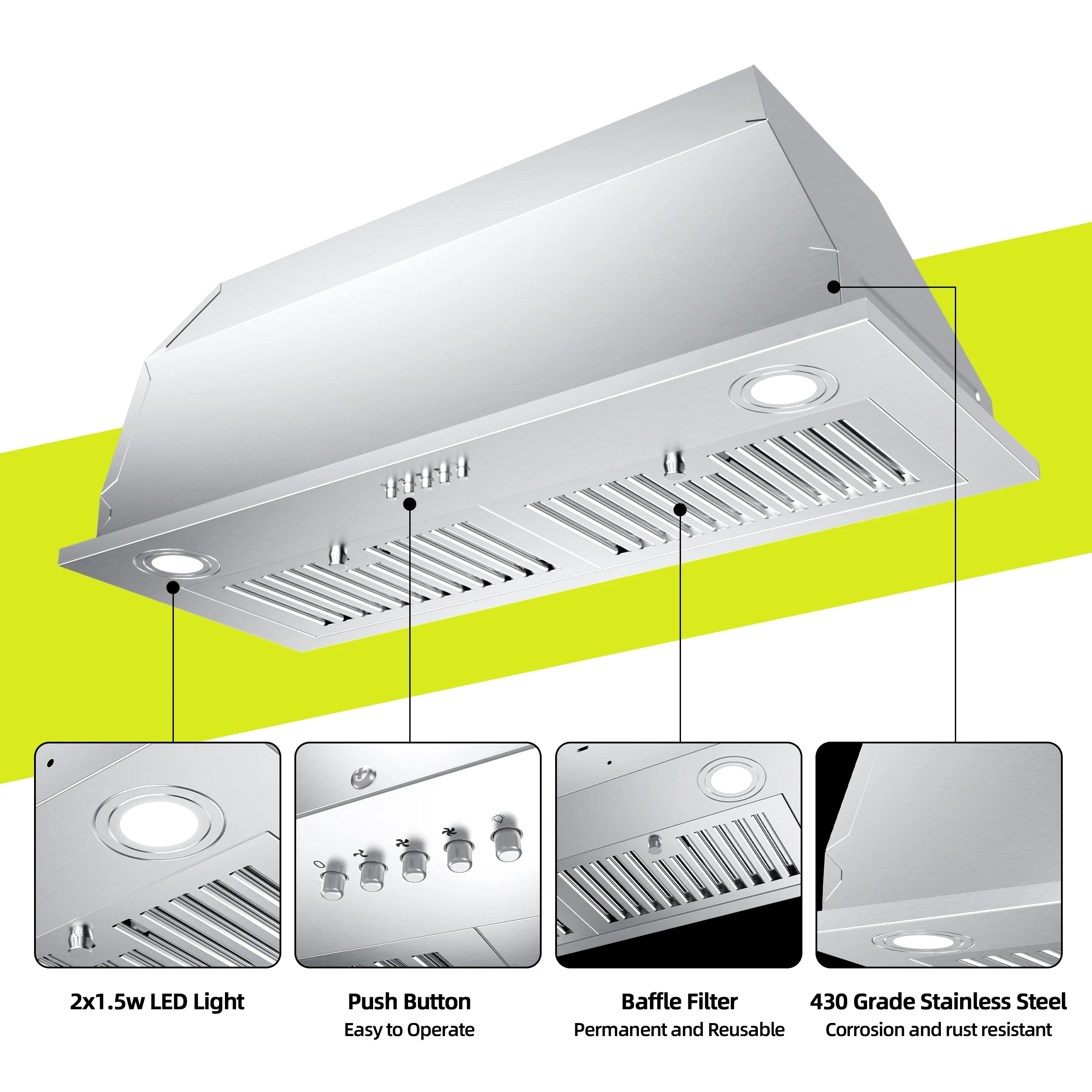 FIREGAS Range Hood 30 inch, Built-in Kitchen Hood with 3 Speed Exhaust Fan, Ducted/Ductless Range Hood, Stainless Steel Range Hoods with Light