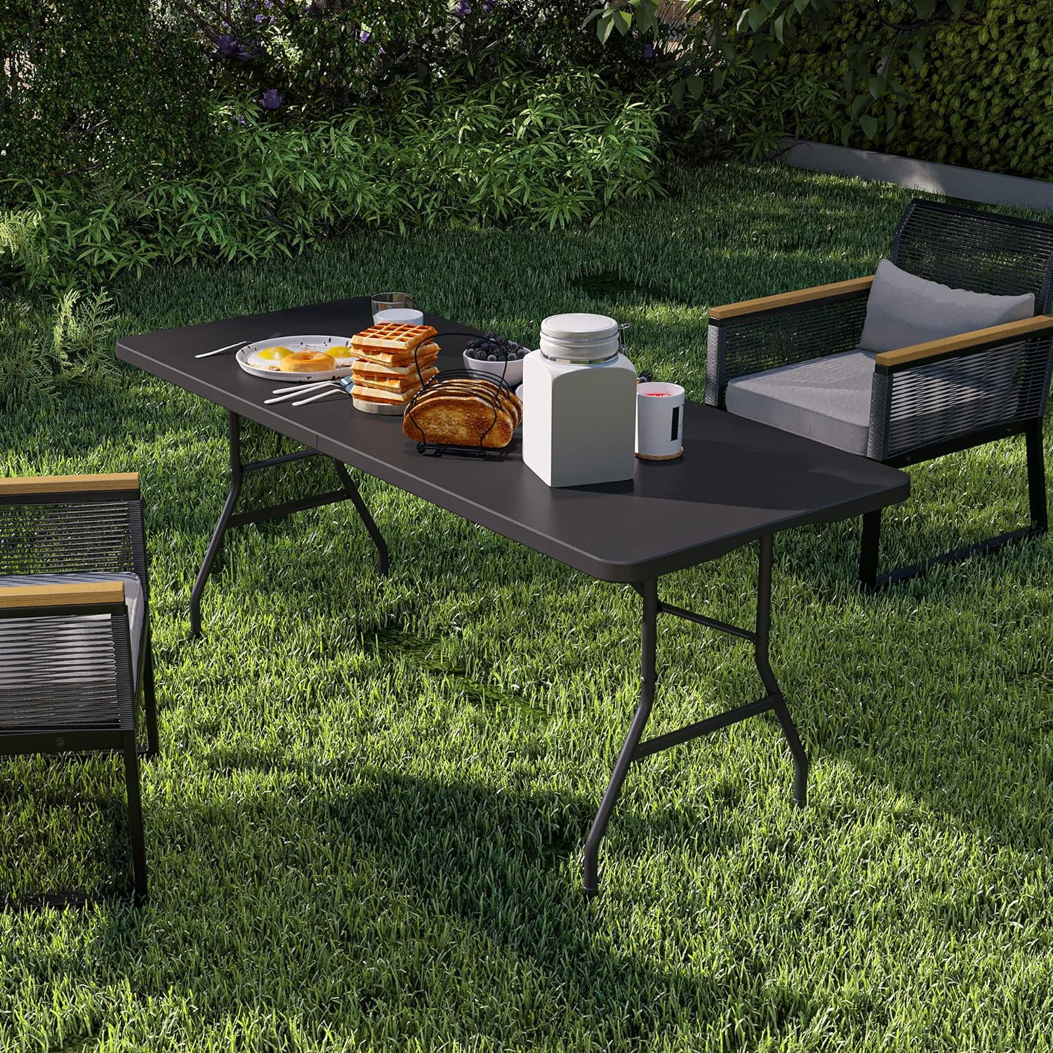 Folding Table 8 Ft Long Portable Folding Table, Heavy Duty Plastic 8 Ft Foldable Table for Outdoor Indoor Use, No Need Assembly Fold-in-Half Resin Table for Picnic Dinning Party, Black
