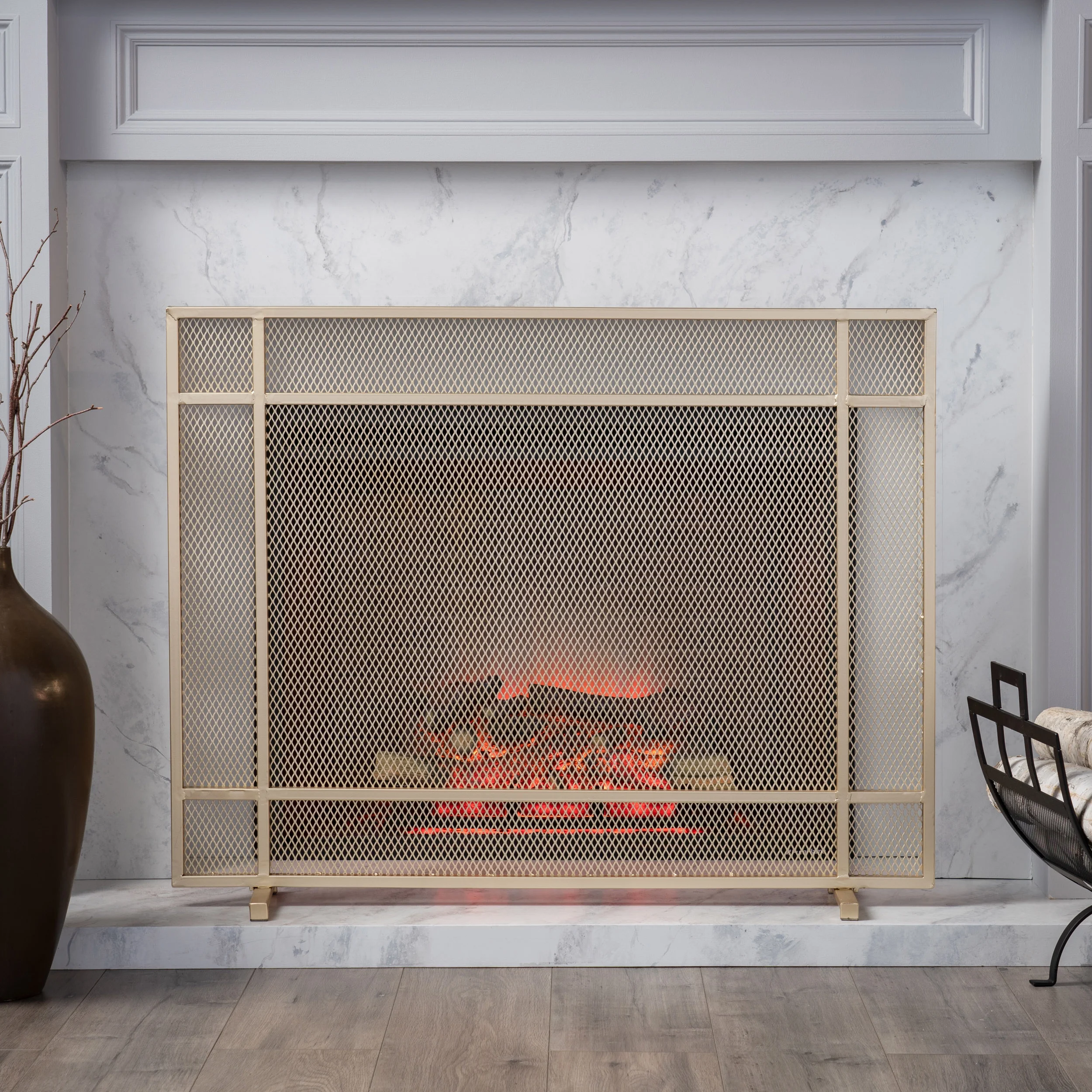 GDF Studio Dickinson Modern Iron Single Panel Fireplace Screen, Gold